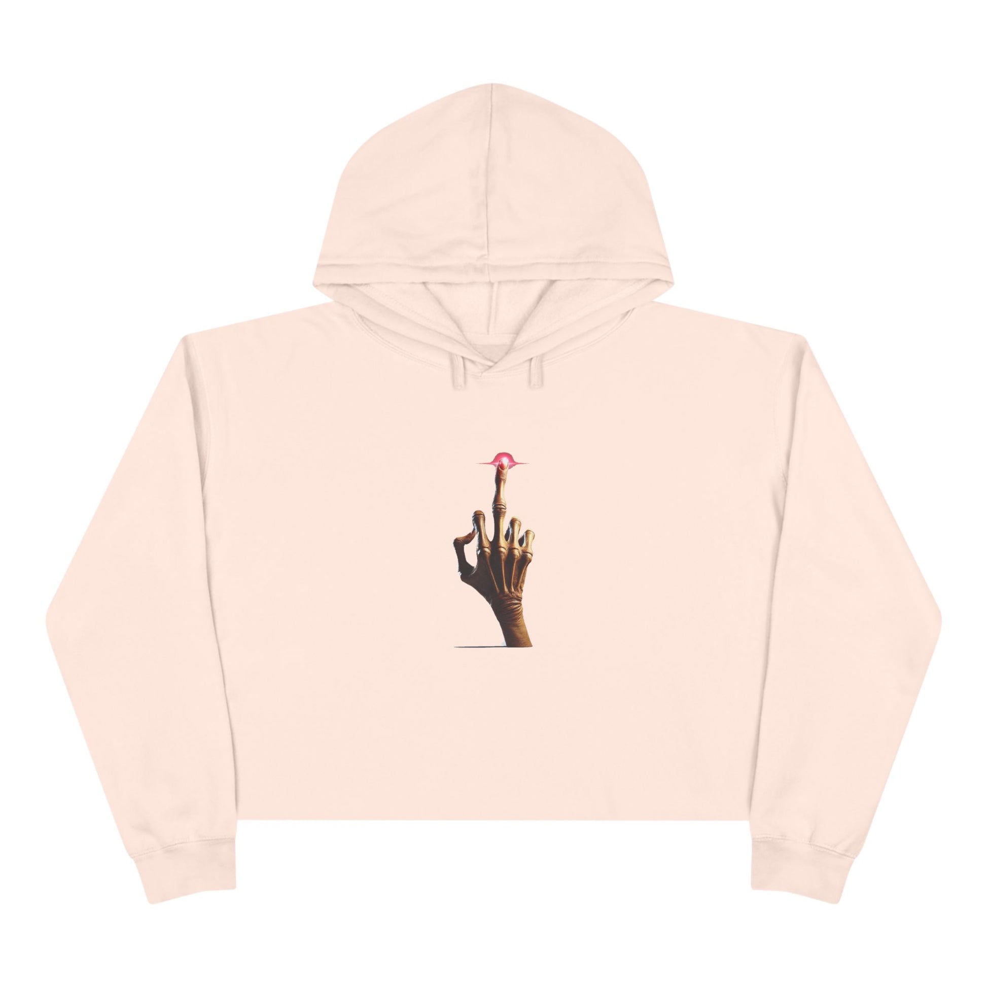 A cream colored crop hoodie with a minimalist E.T.-inspired graphic of a hand with an extended glowing finger touching a small red spaceship.