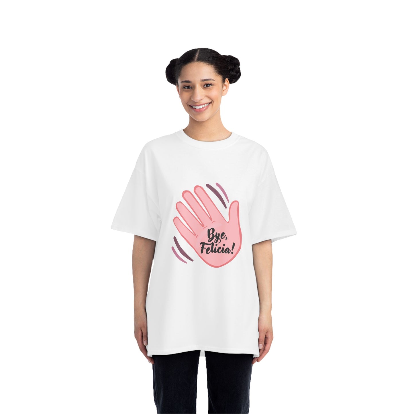 Woman wearing white Bye Felicia T-Shirt with pink hand graphic
