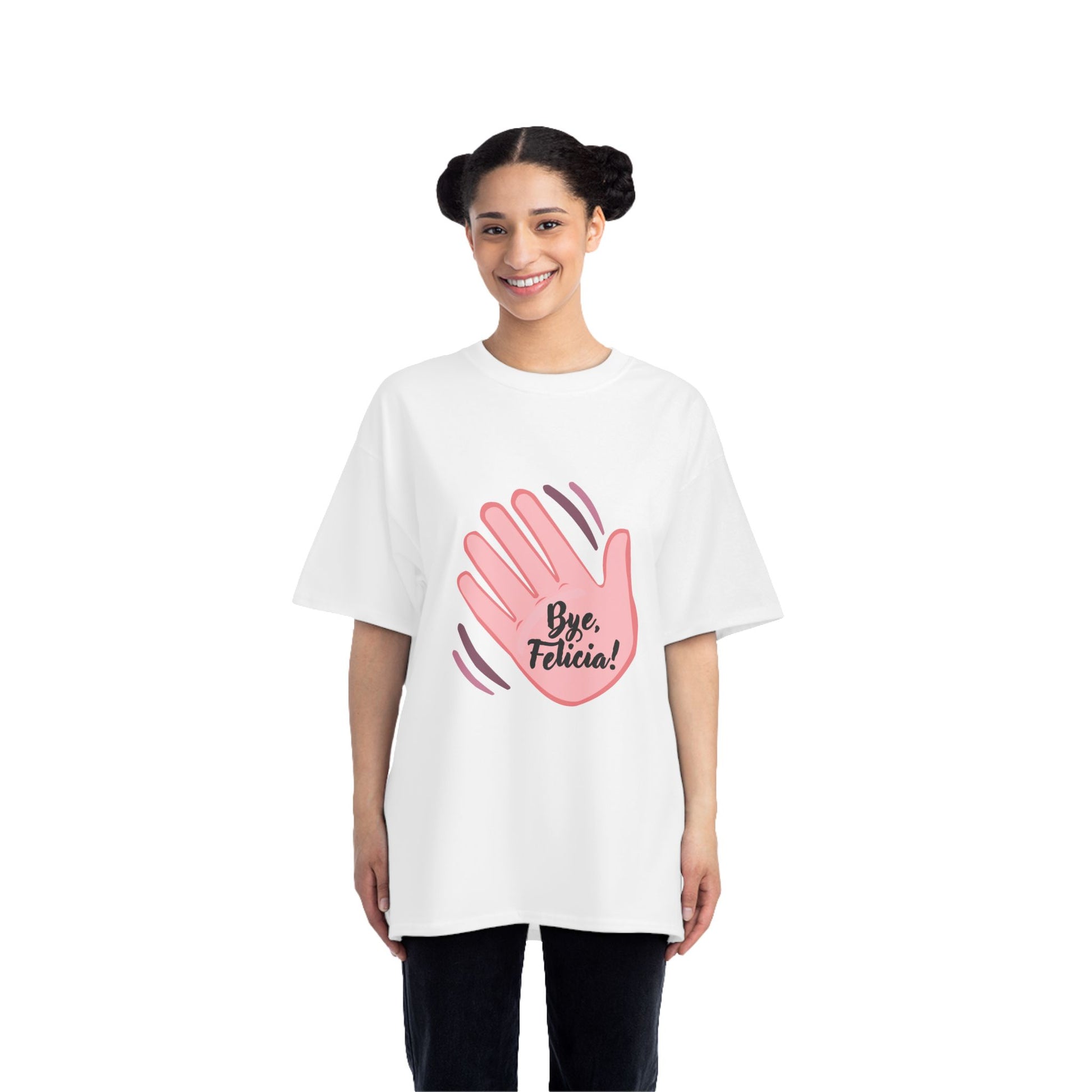 Woman wearing white Bye Felicia T-Shirt with pink hand graphic