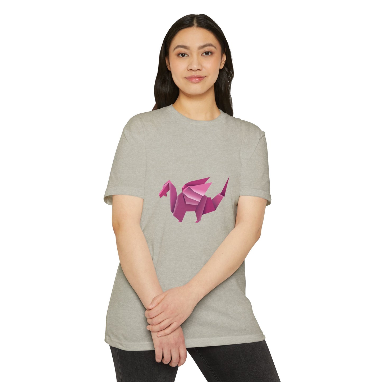Person wearing a gray t-shirt with a pink and purple graphic design on a white background