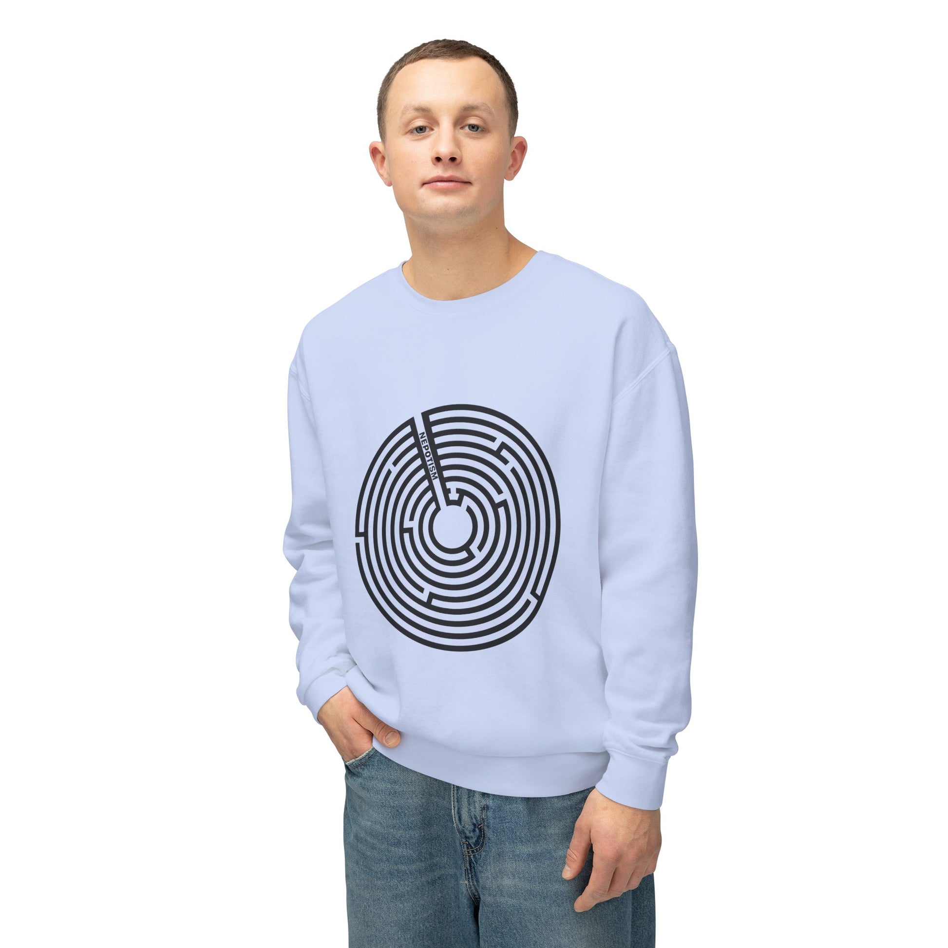 Man wearing light blue Nepo Sweatshirt with black spiral design