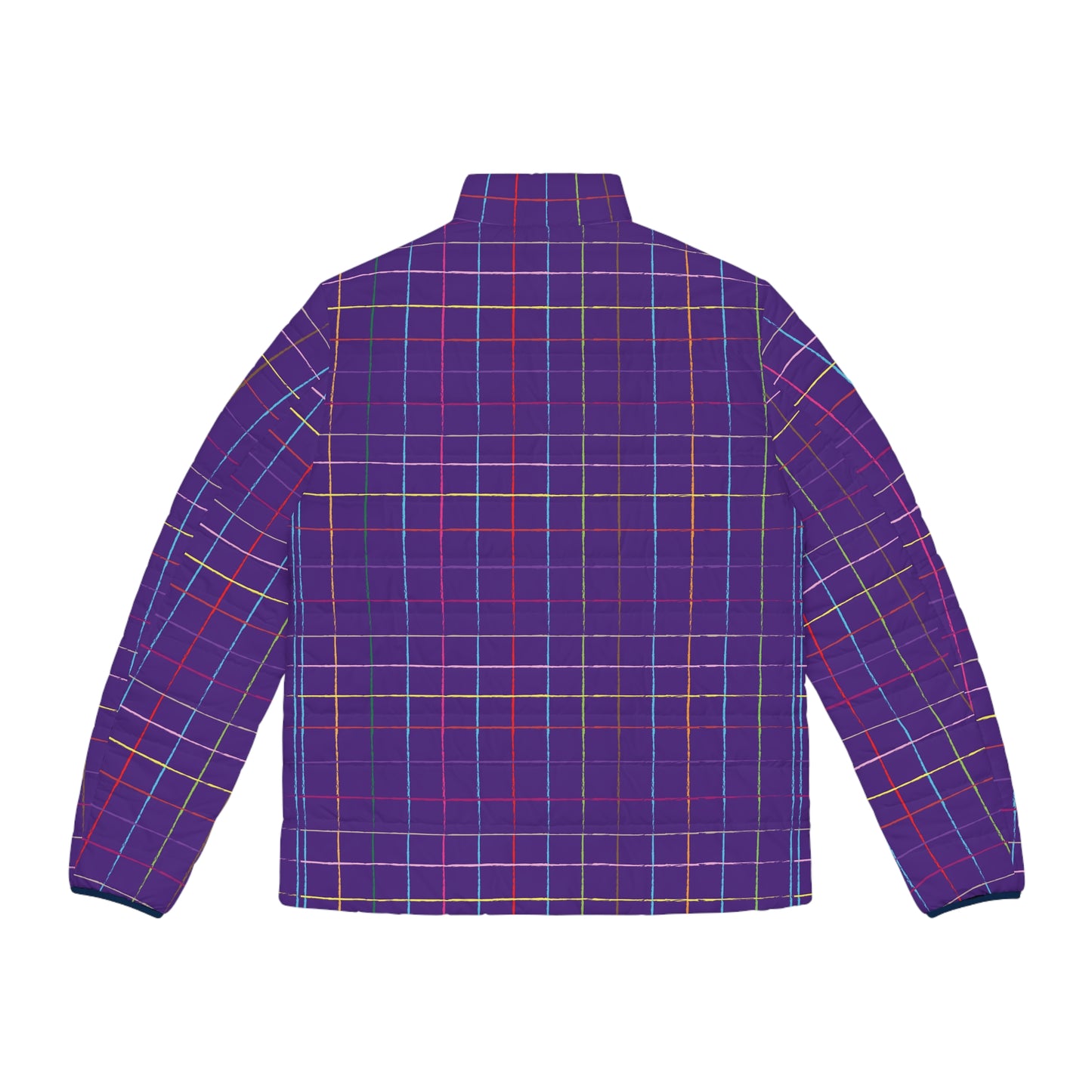 Colorful Grid Men’s Puffer Jacket Lightweight Winter Coat back view purple plaid design