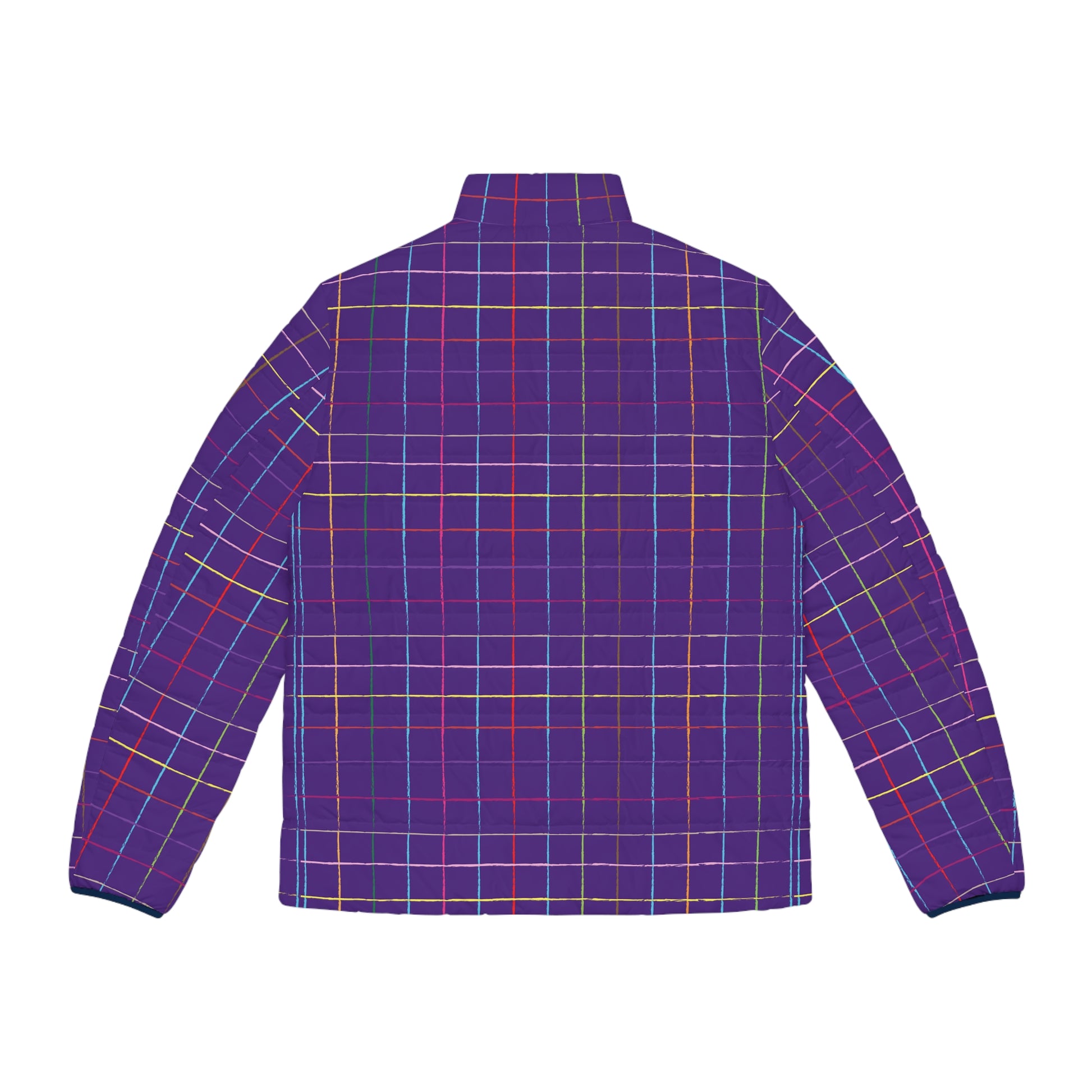 Colorful Grid Men’s Puffer Jacket Lightweight Winter Coat back view purple plaid design