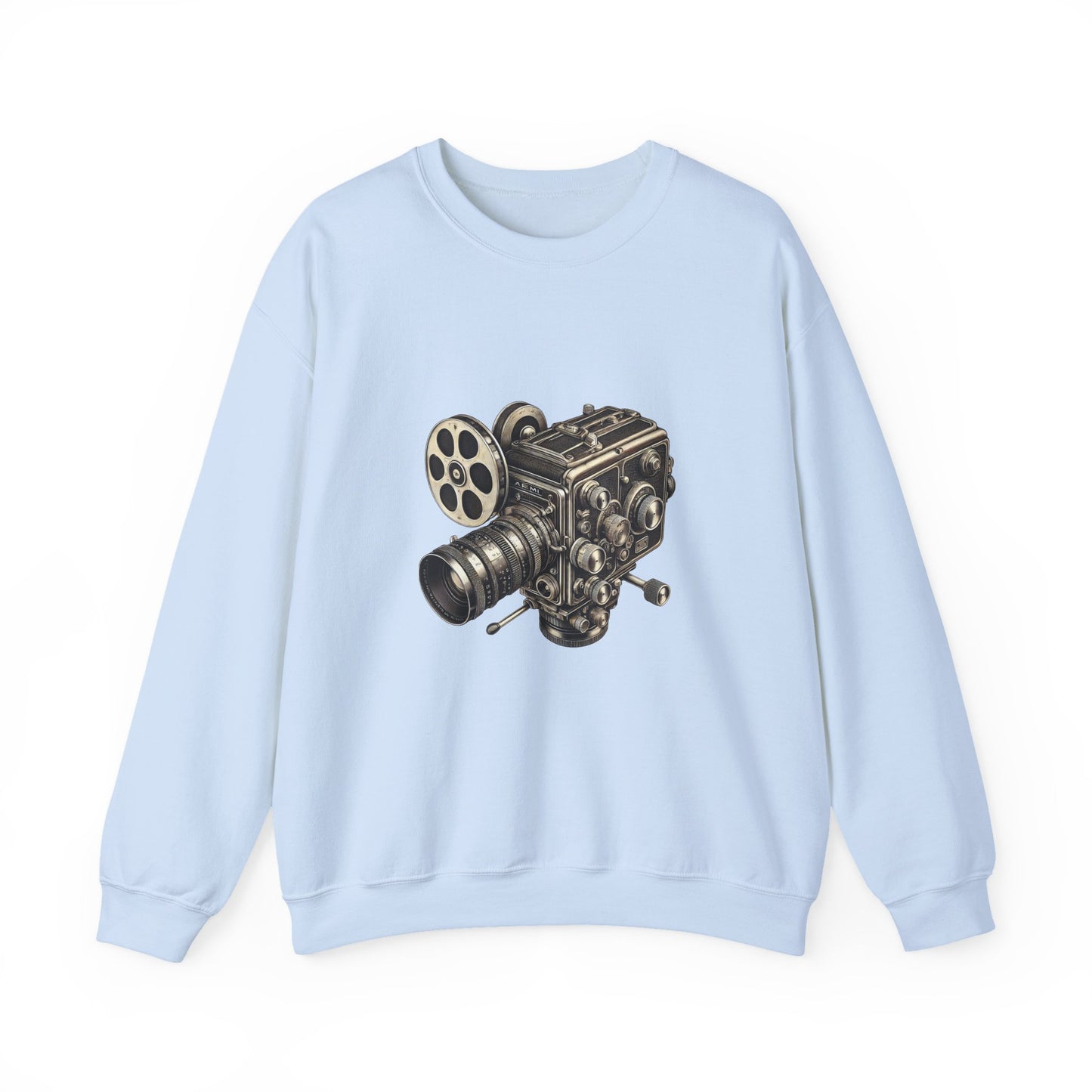 Flat lay of light blue Film Camera Sweatshirt with detailed camera illustration.