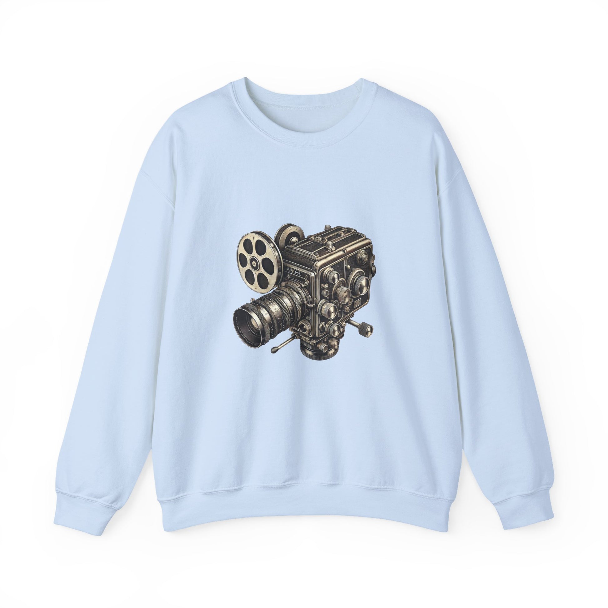 Flat lay of light blue Film Camera Sweatshirt with detailed camera illustration.