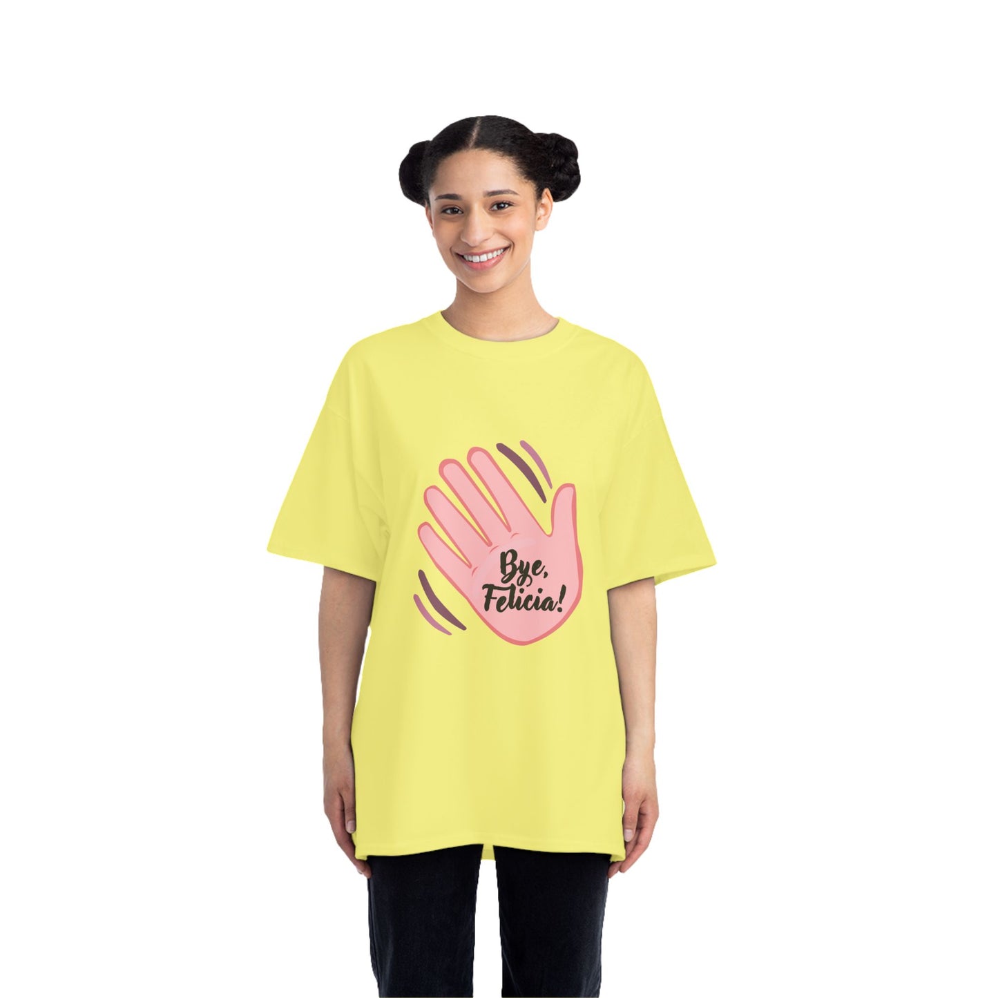 Woman wearing yellow Bye Felicia T-Shirt with pink hand graphic