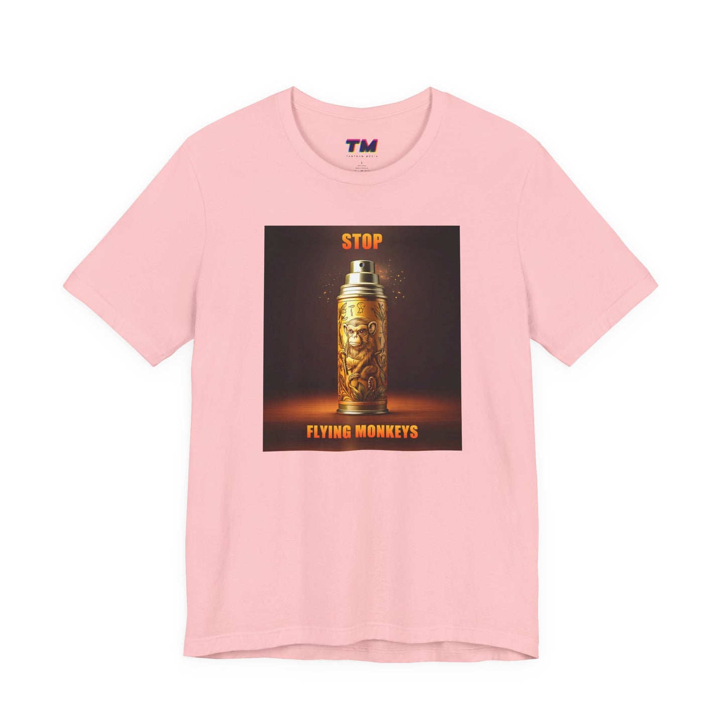 Pink Stop Flying Monkeys T-Shirt flat lay with graphic artwork