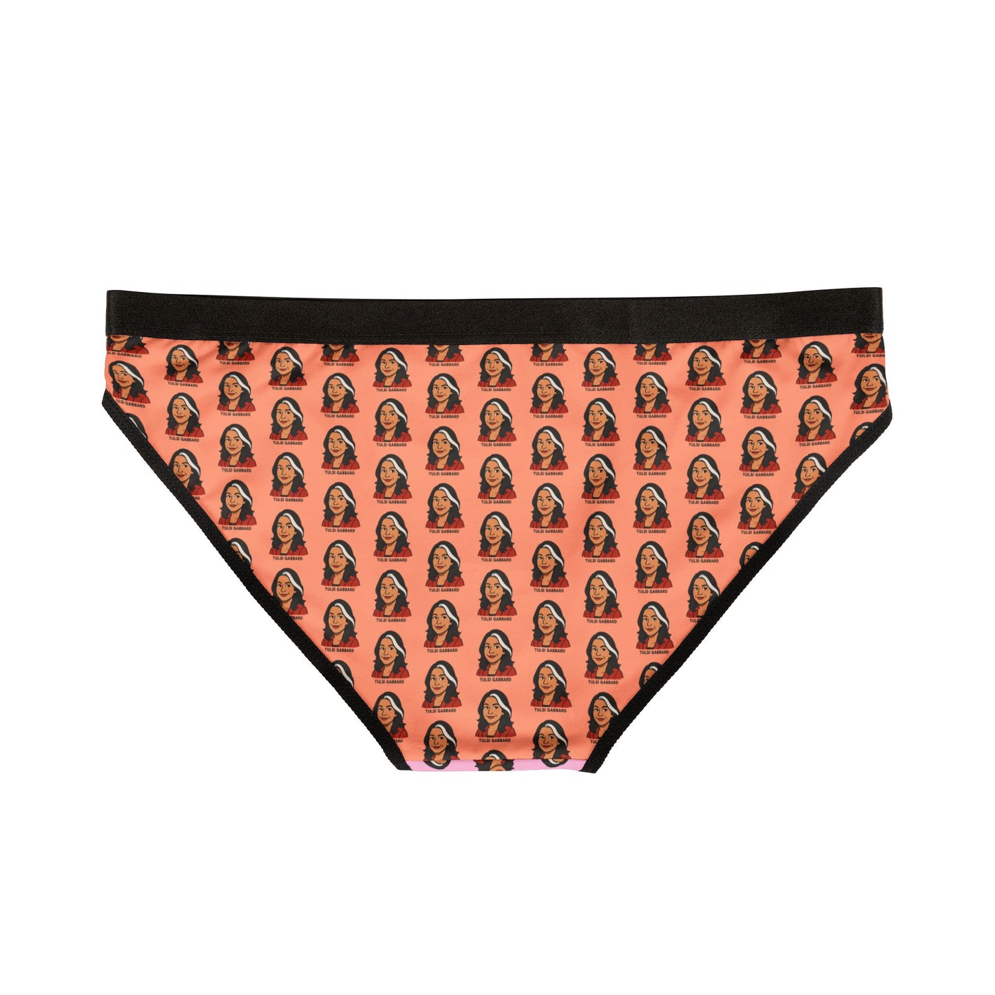 Back view of Tulsi Gabbard print underwear with orange background and black waistband