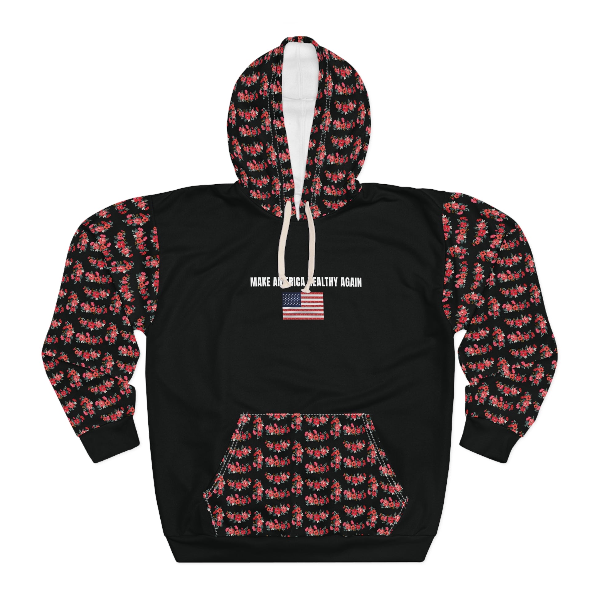 A black unisex hoodie with the phrase "Make America Healthy Again" above an American flag graphic, featuring red floral patterned sleeves and front pocket, standing against a white background.