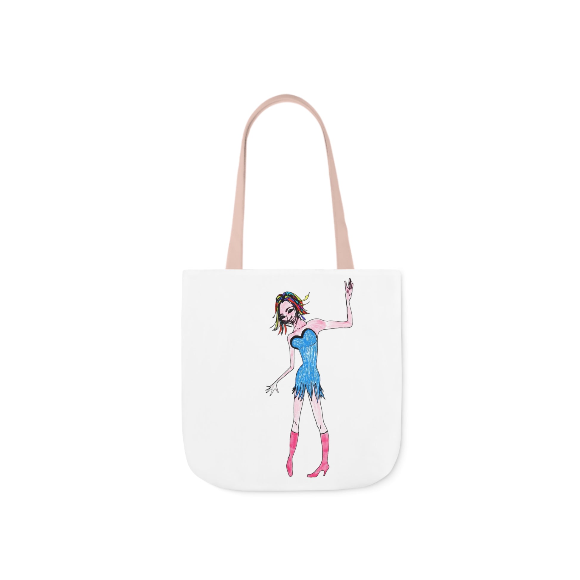 White tote bag featuring a cartoon-style character wearing a blue dress and pink boots in a playful, edgy pose