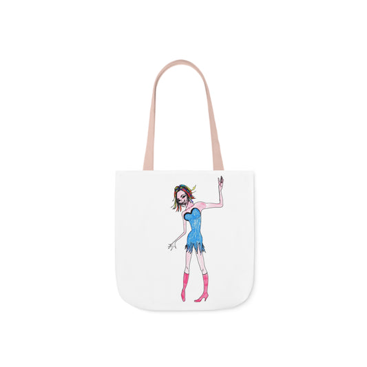 White tote bag featuring a cartoon-style character wearing a blue dress and pink boots in a playful, edgy pose