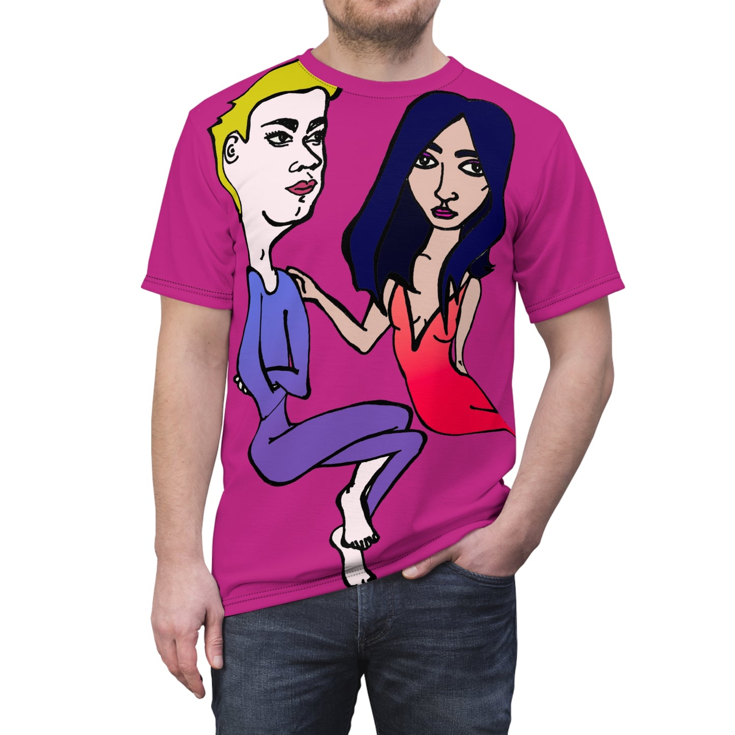Front view of the Julia and Marcus Unisex T-Shirt worn by a male model, showing the full illustrated couple graphic in bold colors.