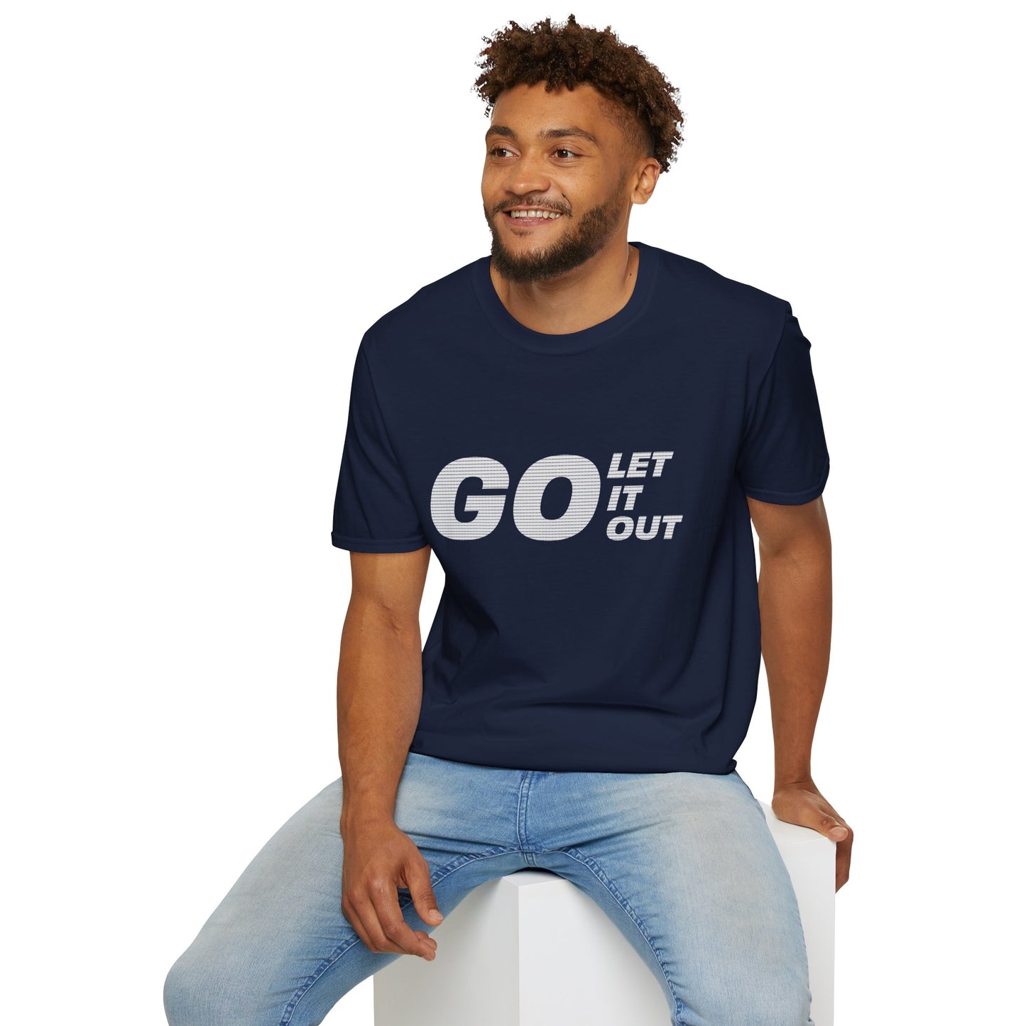 Man wearing a navy blue t-shirt with 'GO LET IT OUT' text on a white background