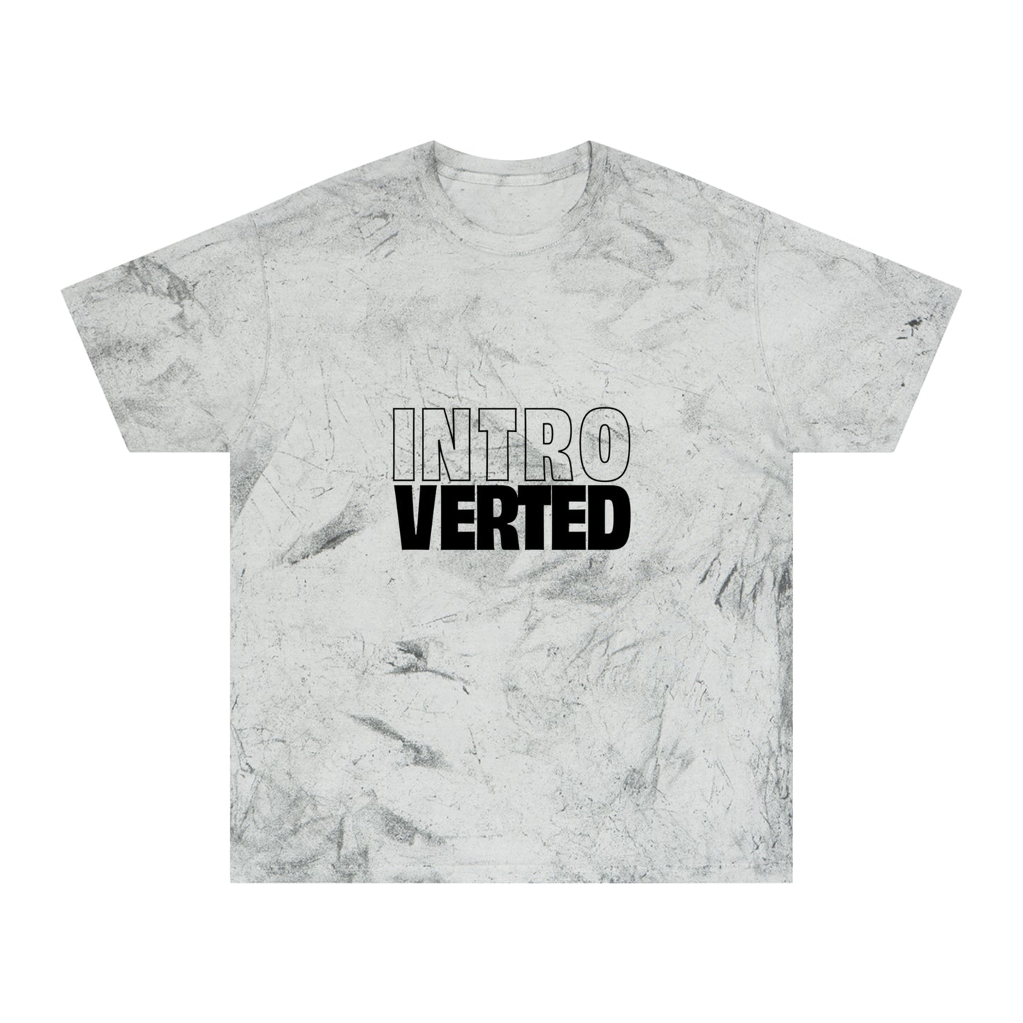 Flat lay of gray tie-dye Introverted Color Blast T-Shirt