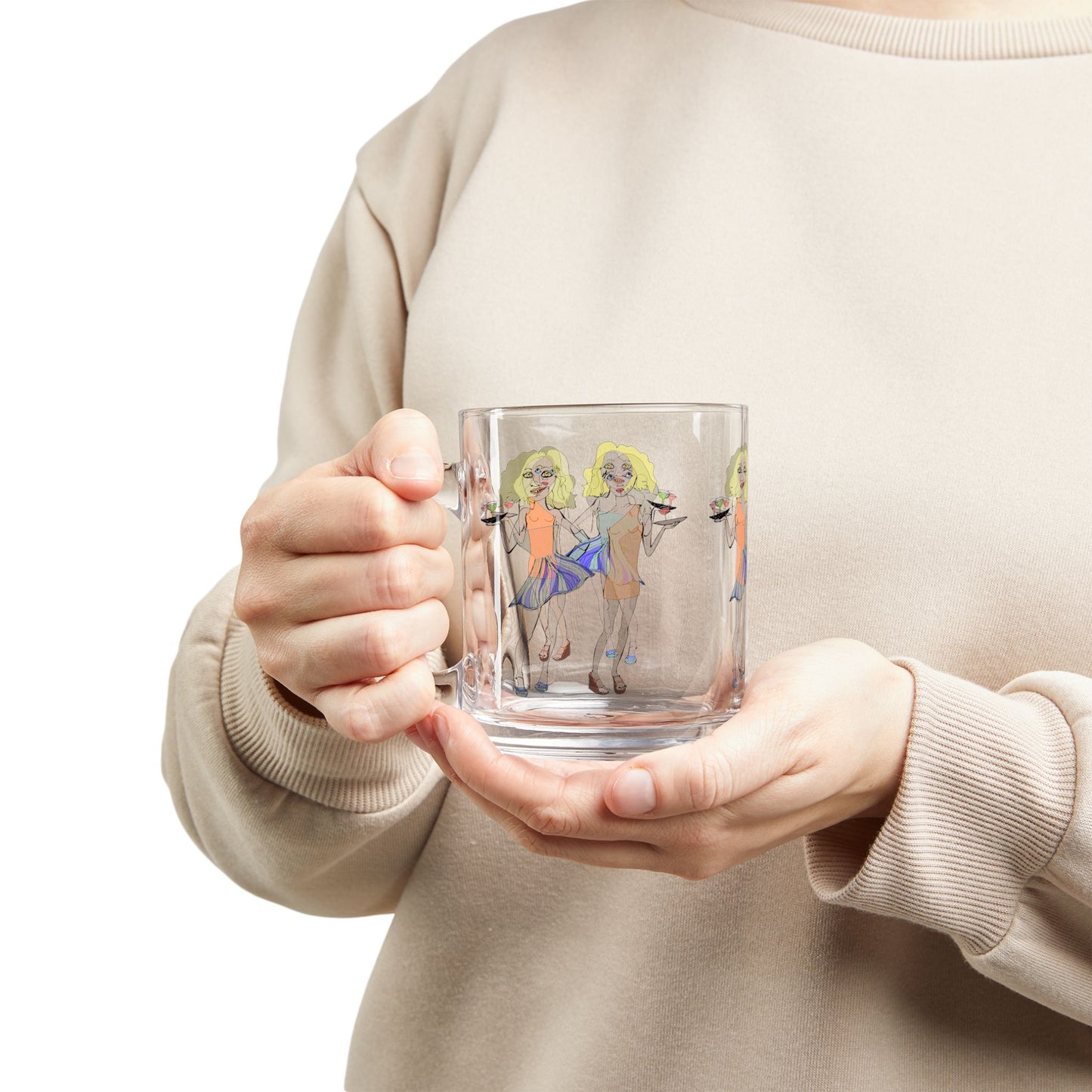 Person holding waitress glass mug close to chest while wearing neutral sweatshirt.