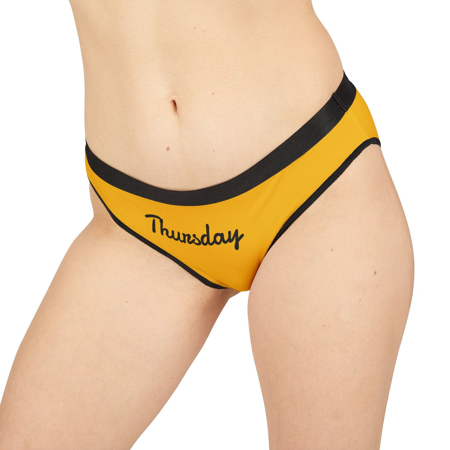 Yellow underwear with 'Thursday' text on a white background