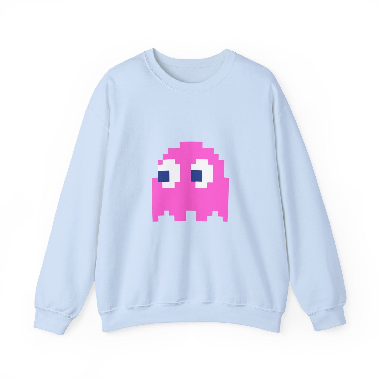 Light blue sweatshirt with a pink ghost graphic on a white background