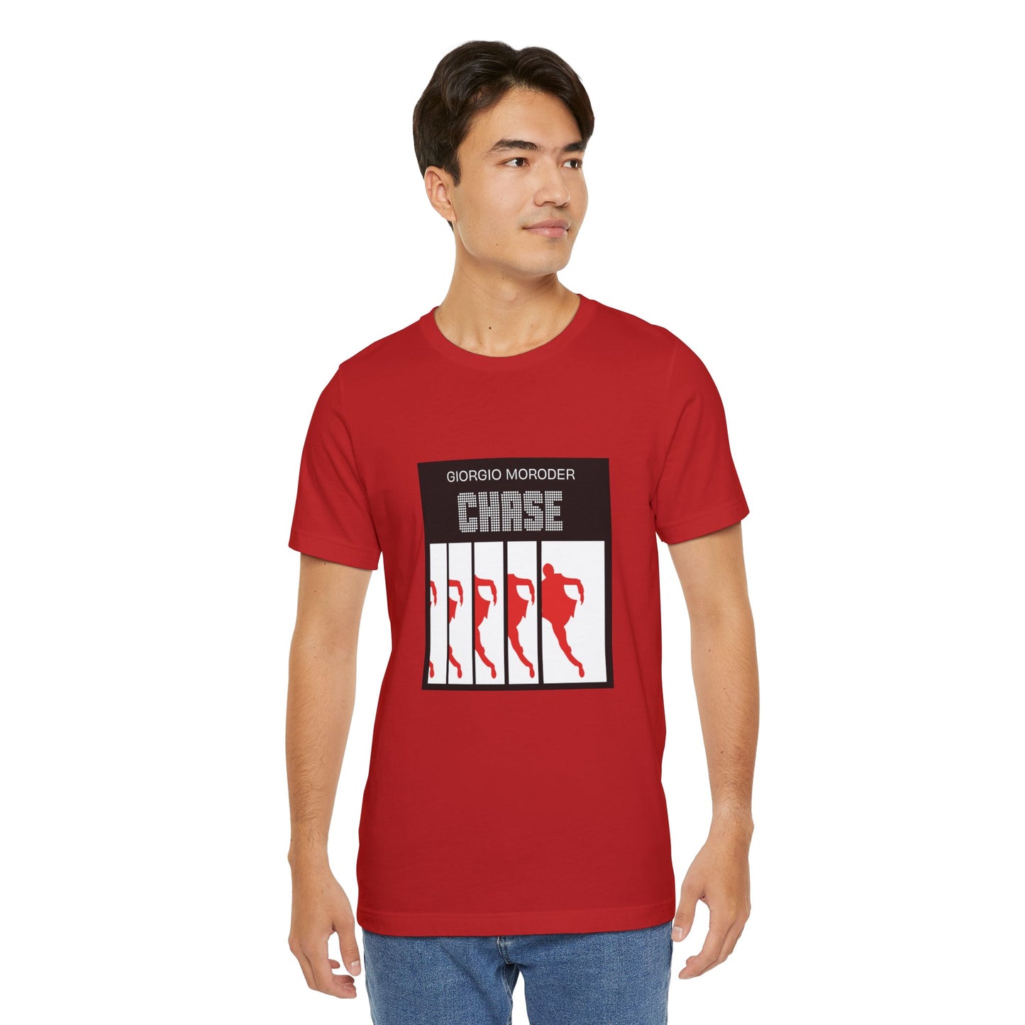 man wearing red Giorgio Moroder CHASE t-shirt synthwave graphic tee streetwear outfit