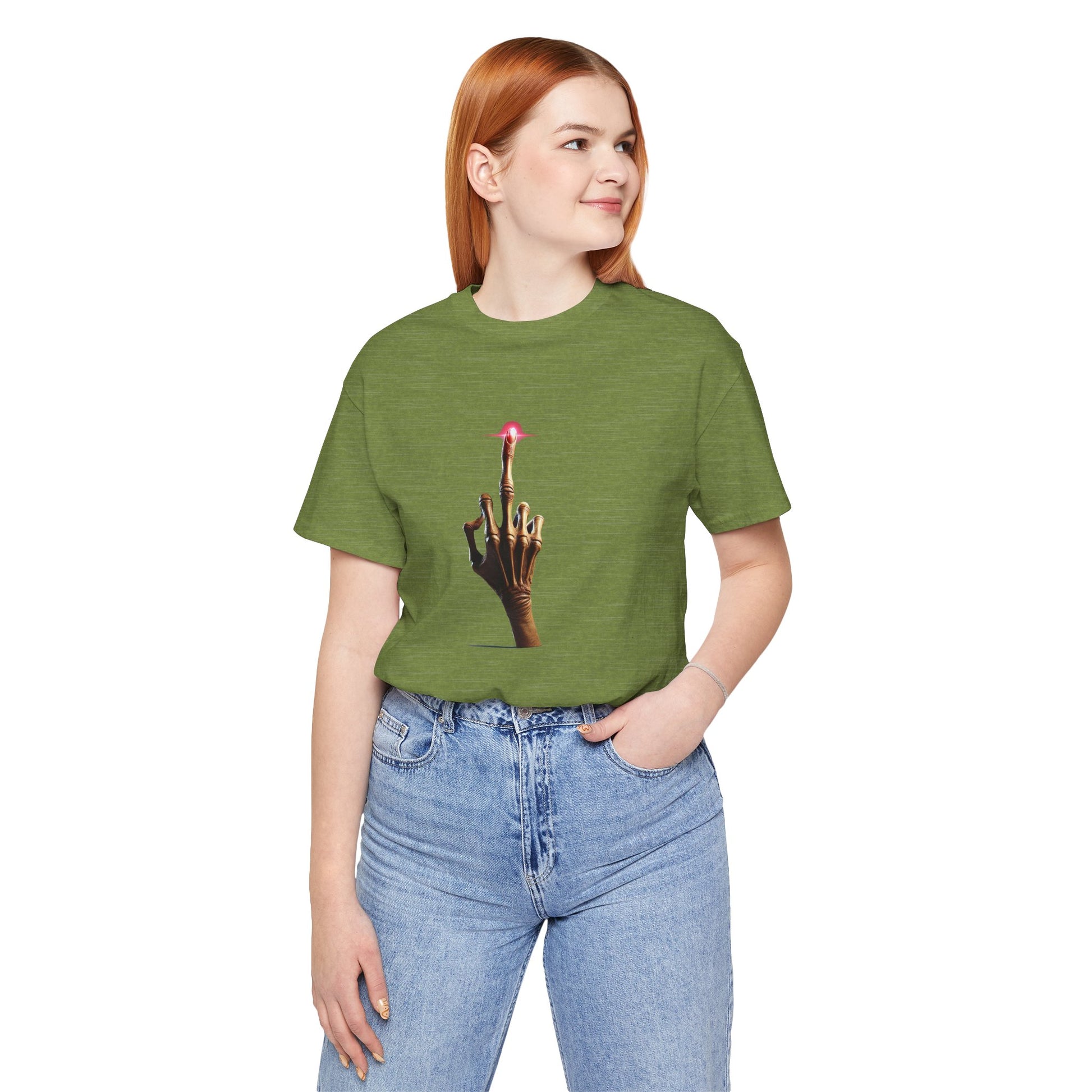 Woman wearing green E.T Unisex T-Shirt with hands in pockets