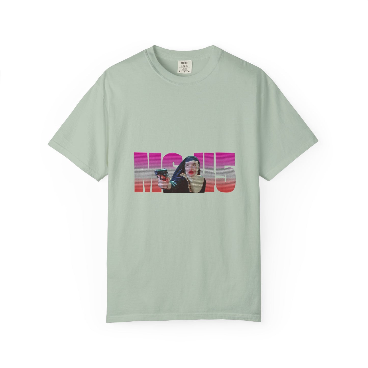 Sage green Ms.45 T-Shirt flat lay with cult classic design