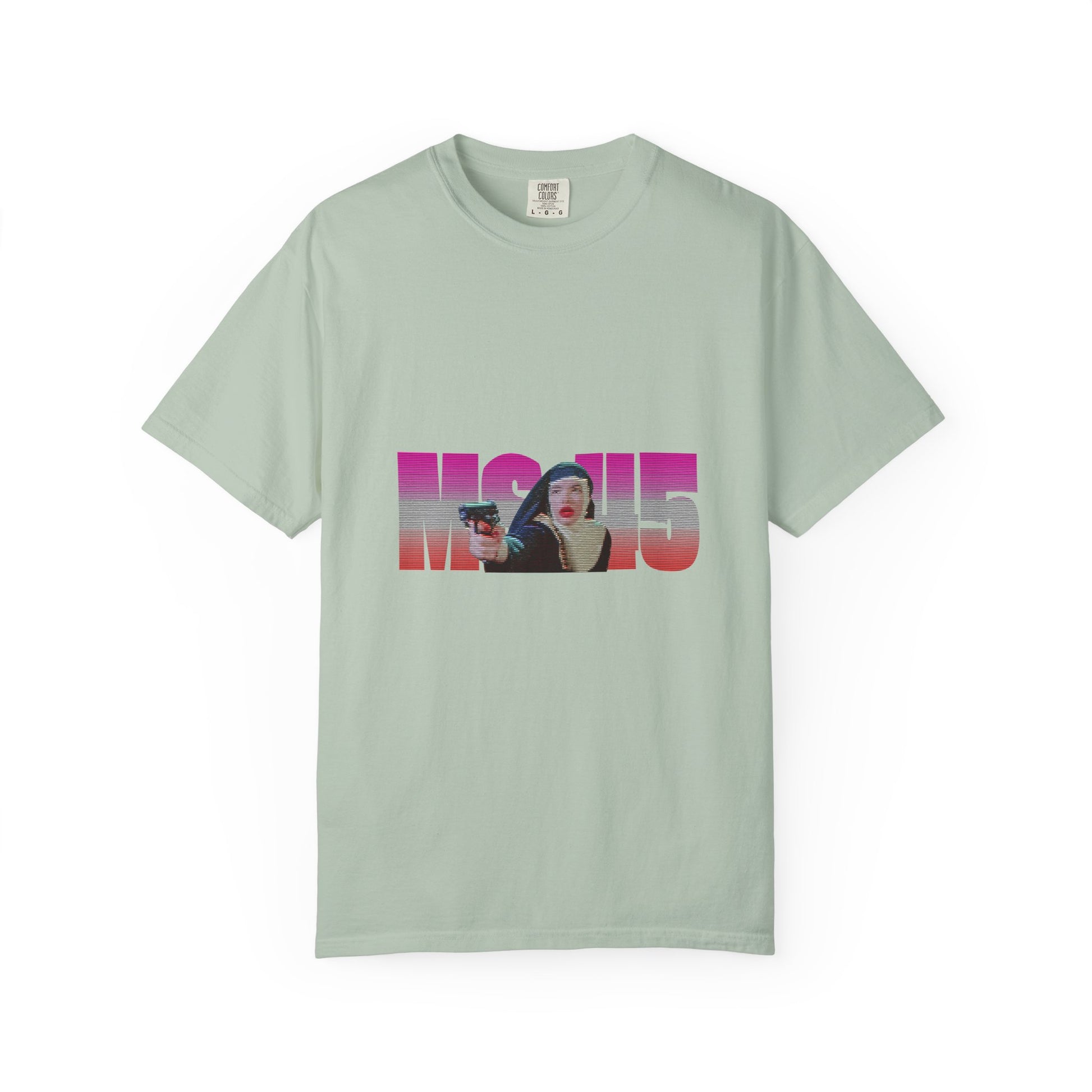 Sage green Ms.45 T-Shirt flat lay with cult classic design