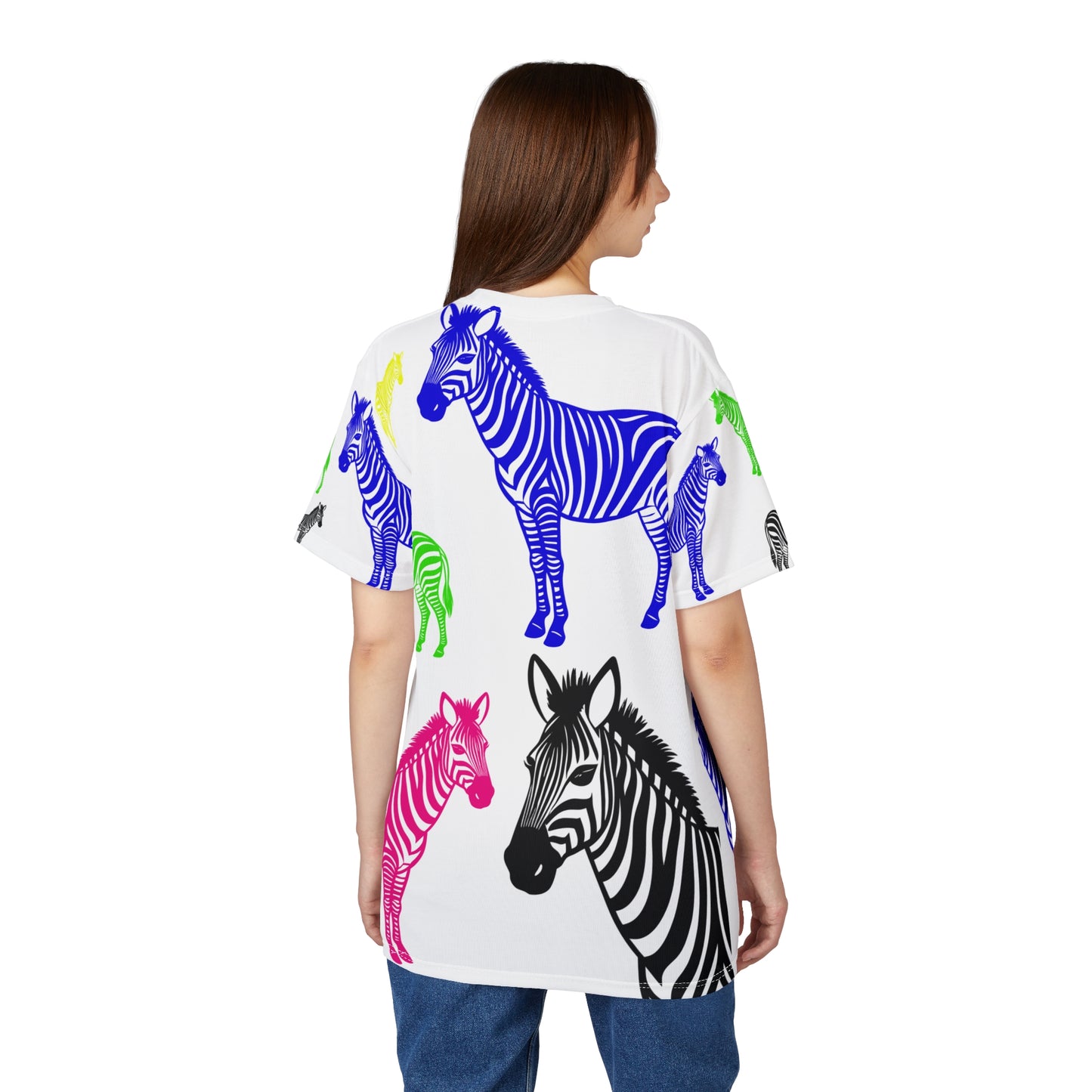 Female model back view wearing Colored Zebras Unisex T-Shirt showcasing vibrant zebra design