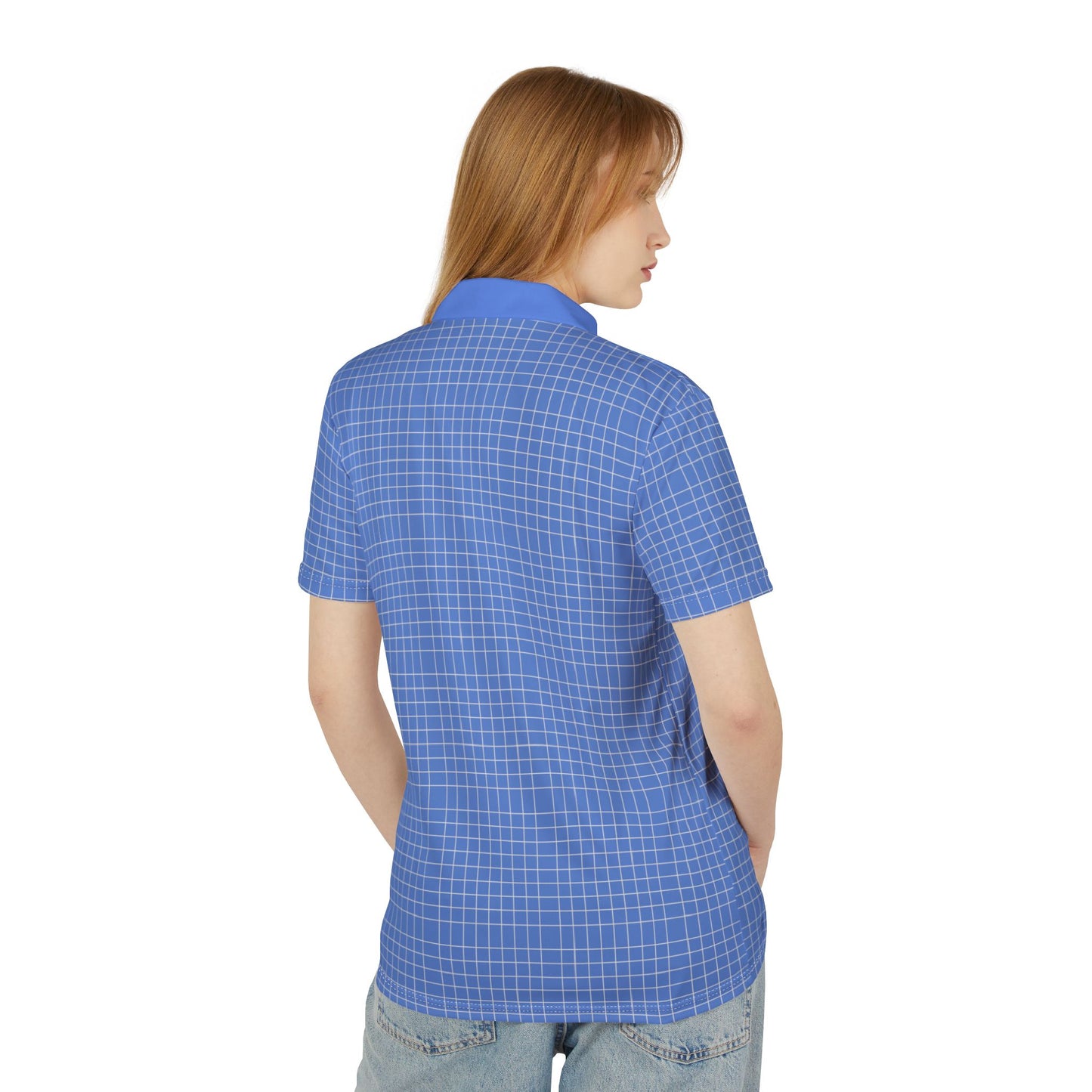 blue grid polo shirt back view on woman lightweight unisex polyester shirt modern casual fit
