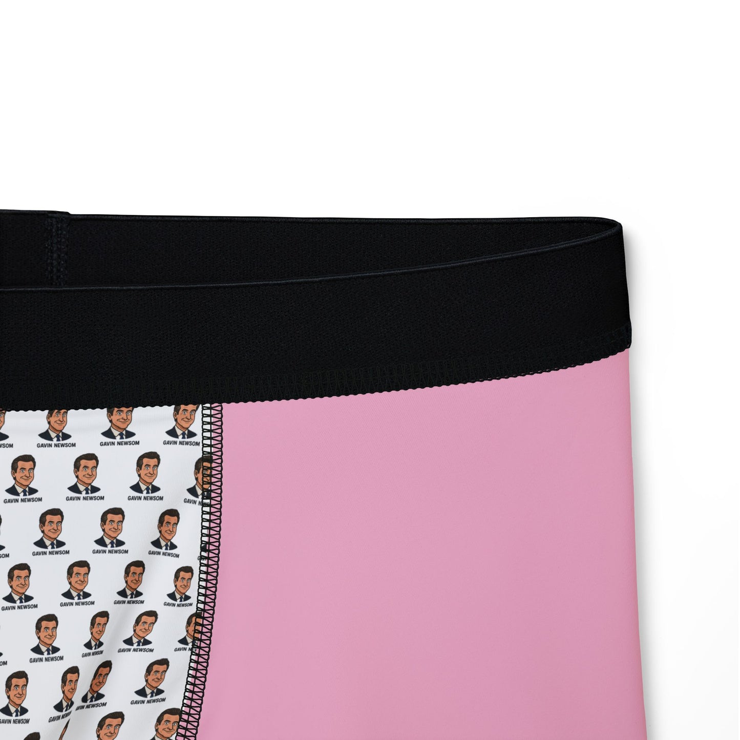 Close-up view of waistband and white pouch area with Gavin Newsom’s face print.