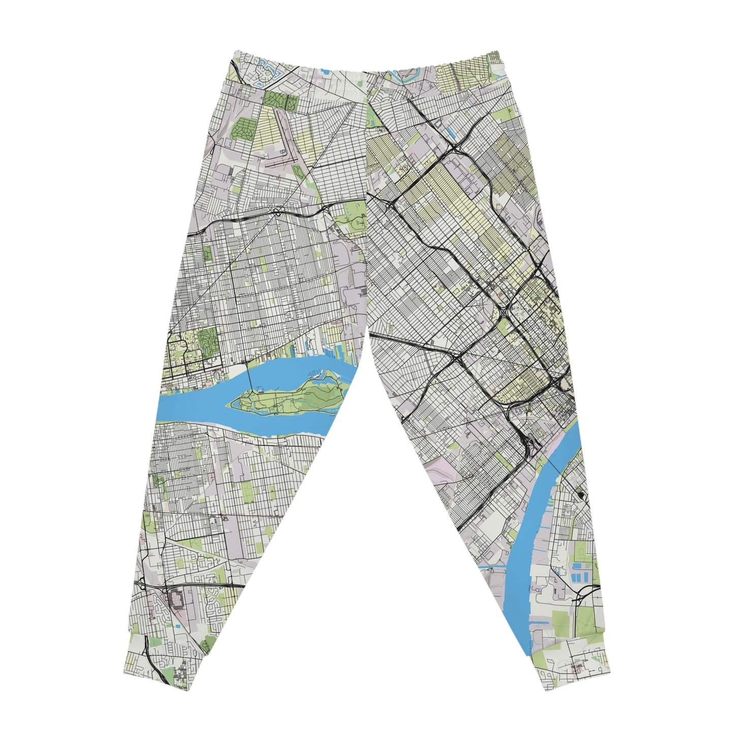 Flat lay of Detroit Joggers back view with map print and waistband detail