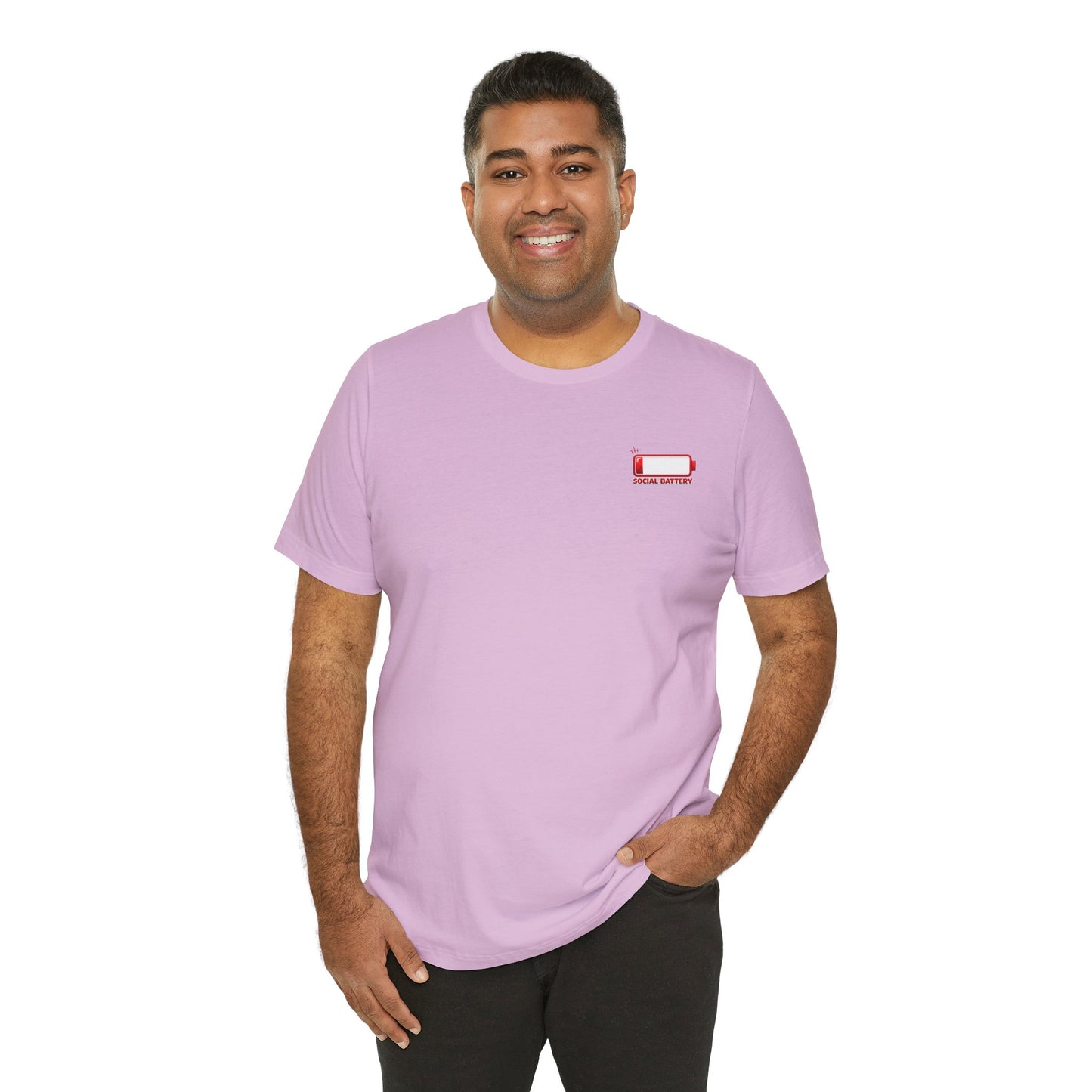 Man wearing lavender social battery low introvert humor t shirt