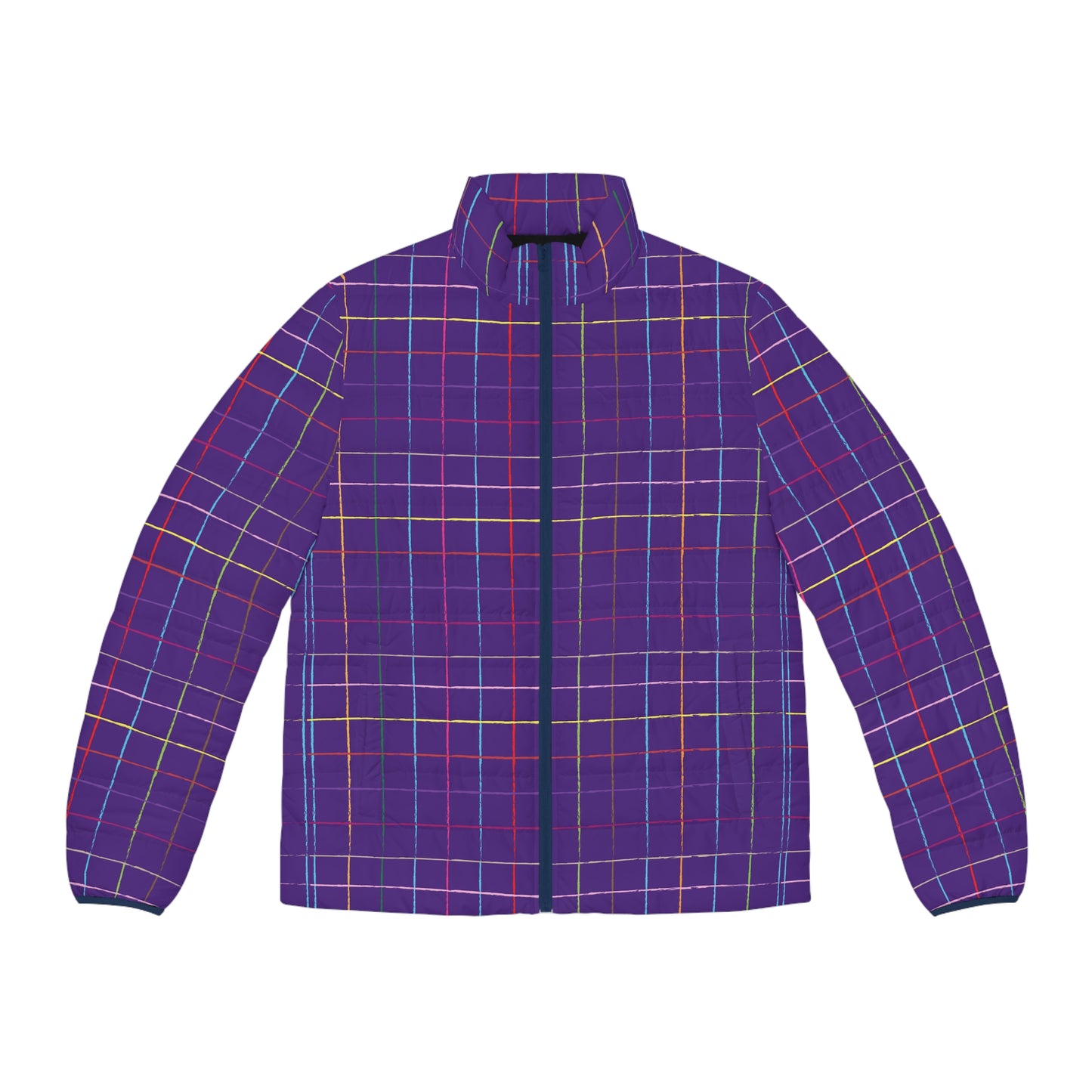 Colorful Grid Men’s Puffer Jacket Lightweight Winter Coat front view purple plaid pattern
