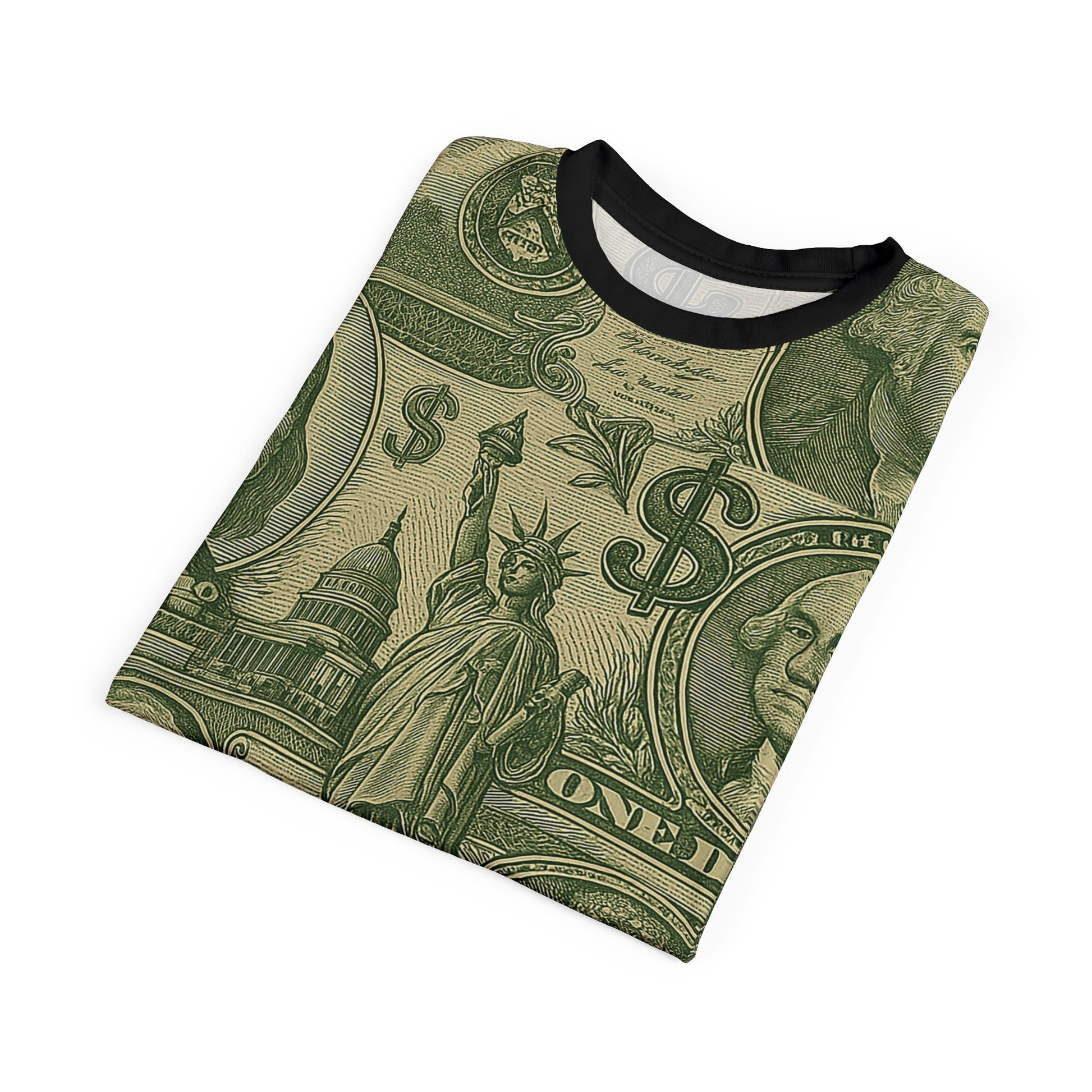Folded Dollar T-Shirt laid flat showing Statue of Liberty and currency graphics