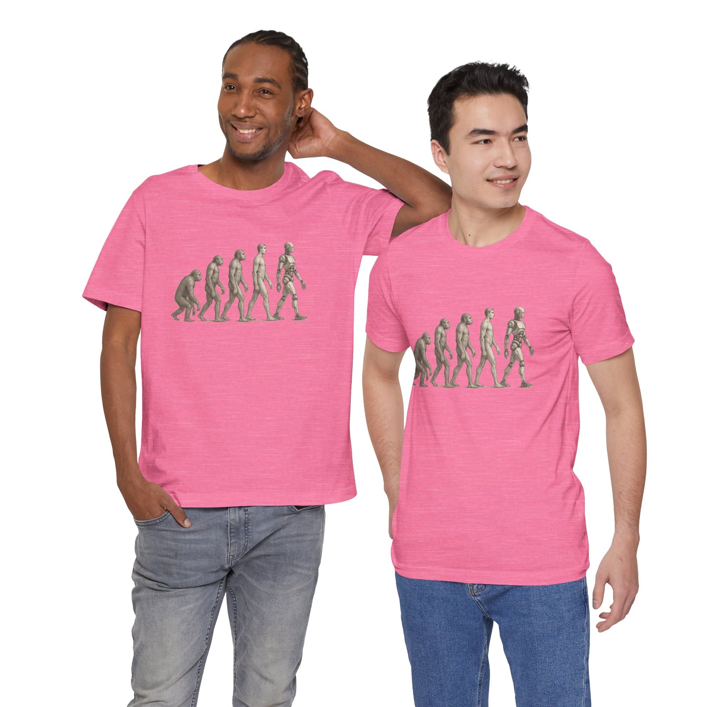 Two men wearing pink t-shirts with a graphic design on a white background