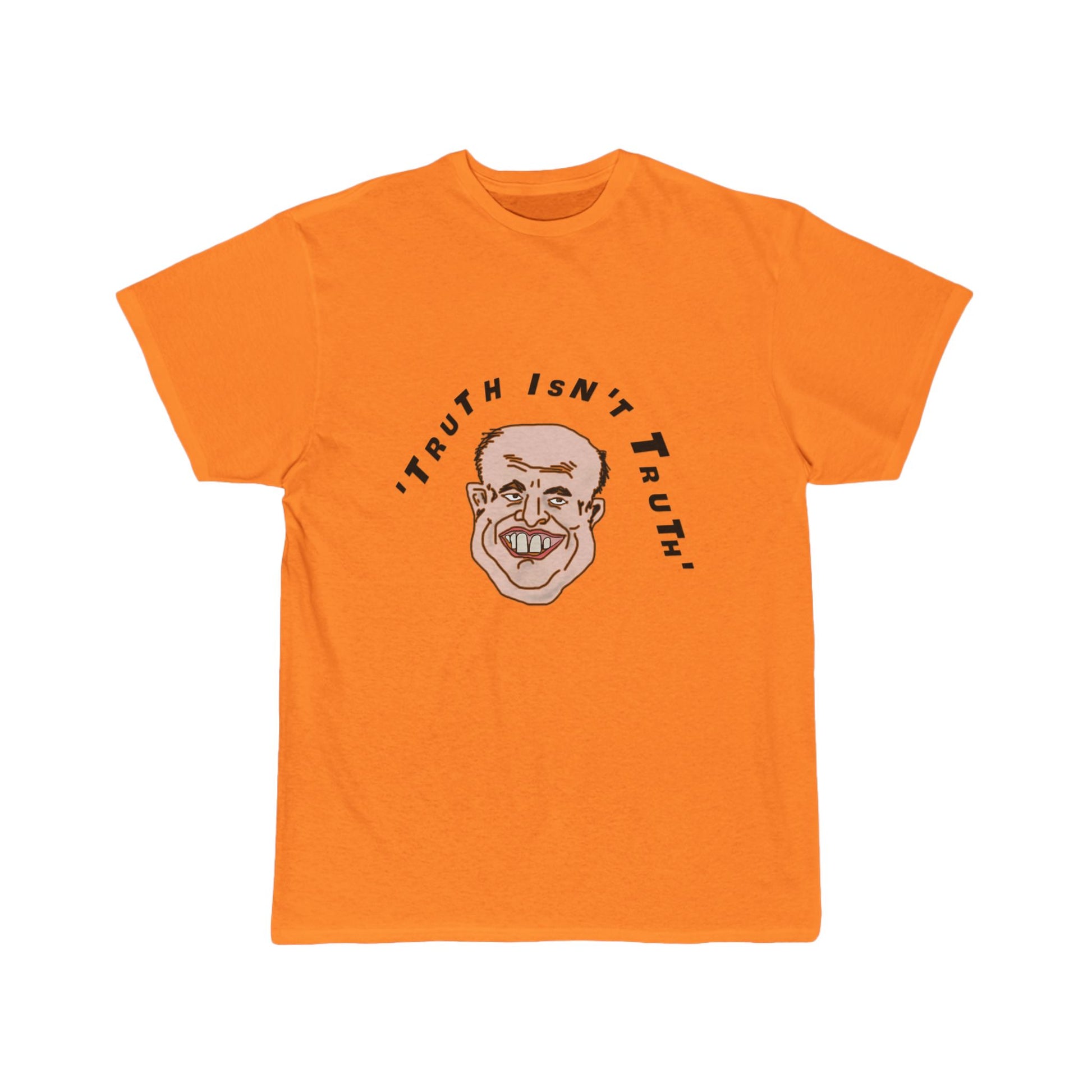Orange t-shirt with graphic design and text on a white background
