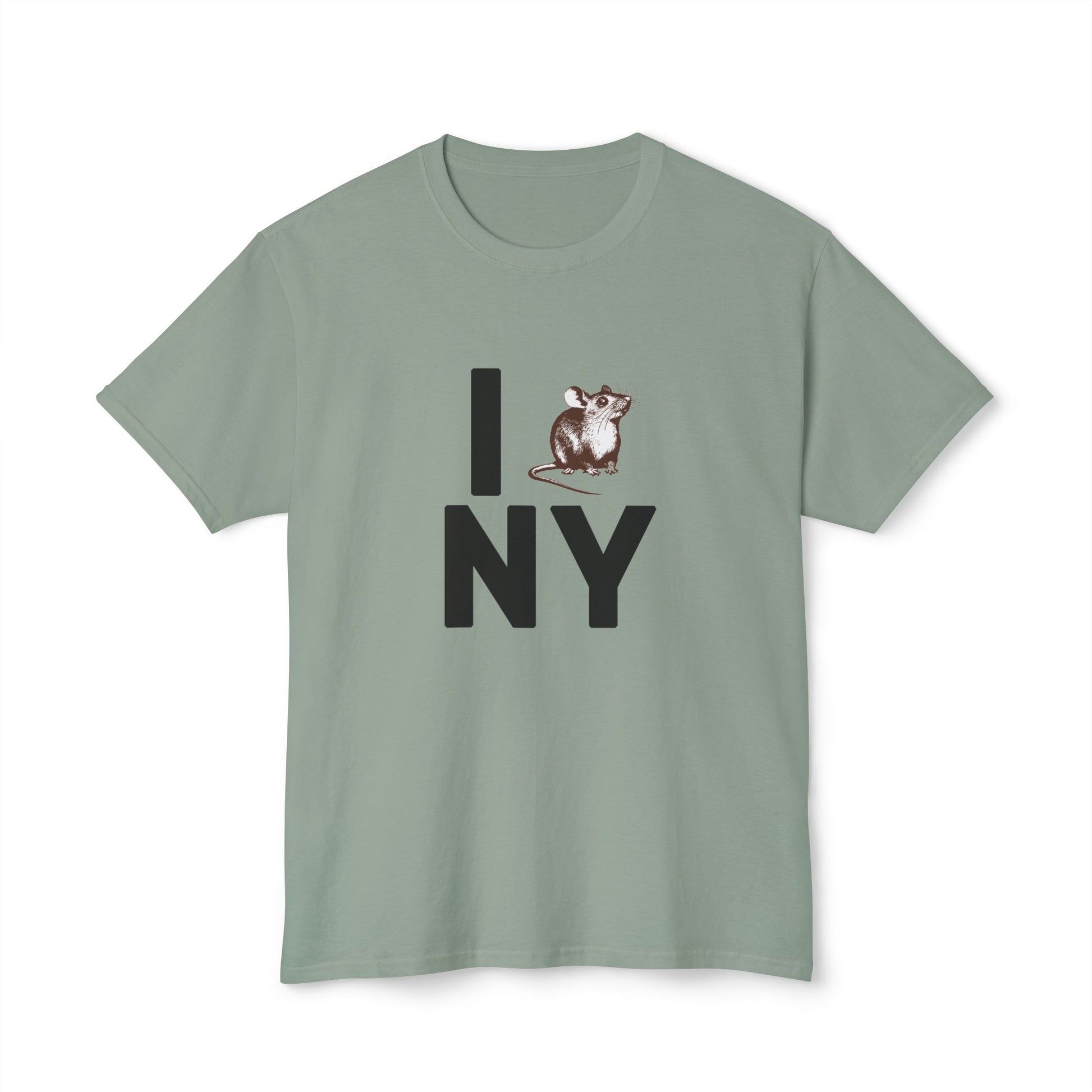 Flat lay of NY RAT T-Shirt in sage green with parody "I ♥ NY" rat graphic.