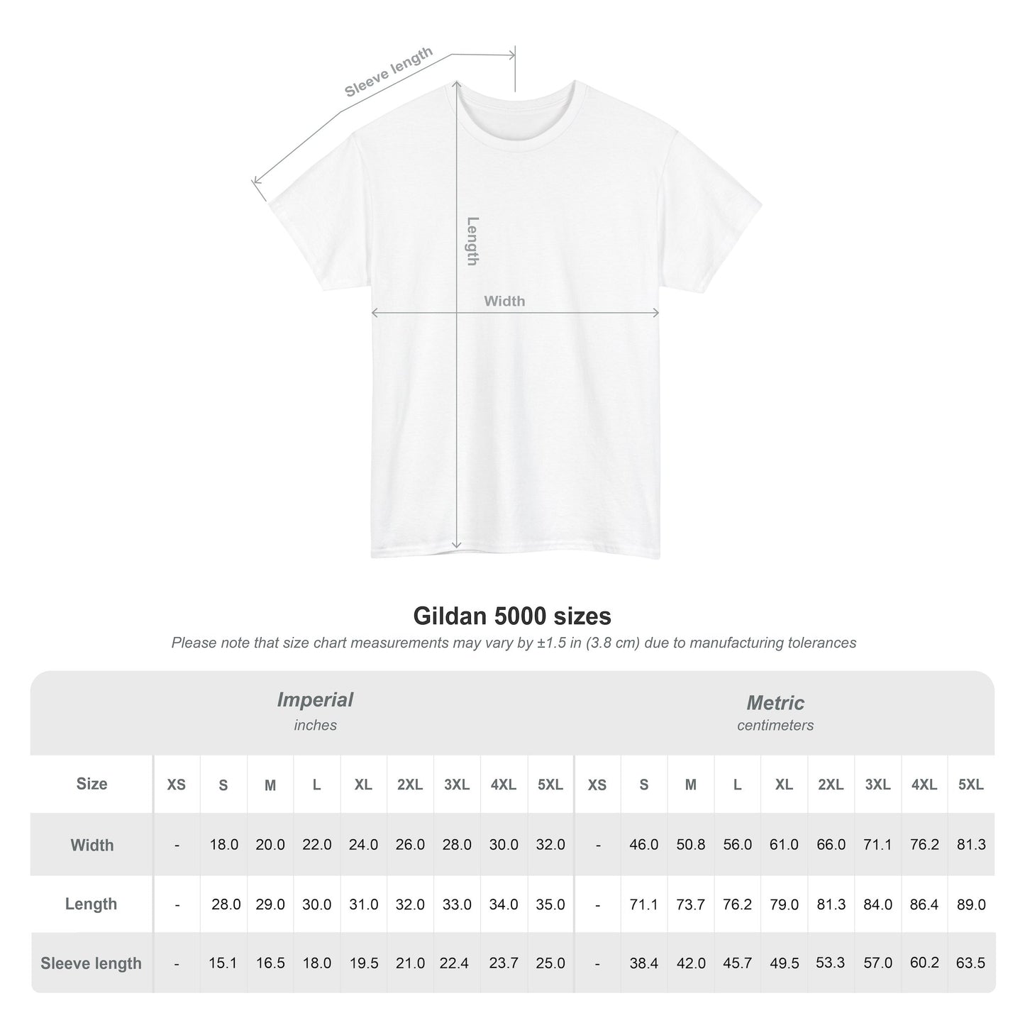 White Shapes in Shapes T-Shirt flat lay with size chart