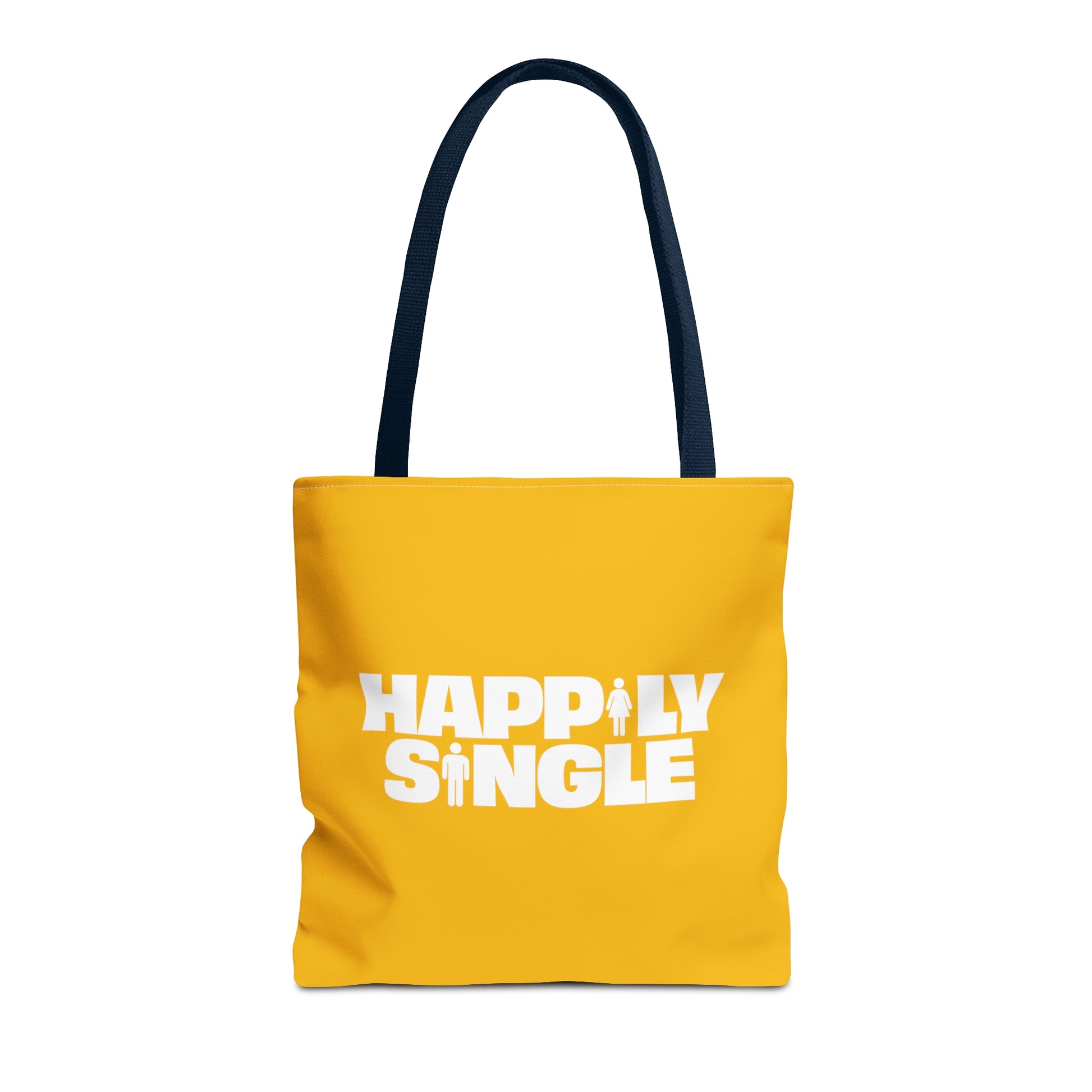 Yellow tote bag featuring the bold white text "Happily Single" with small male and female icons