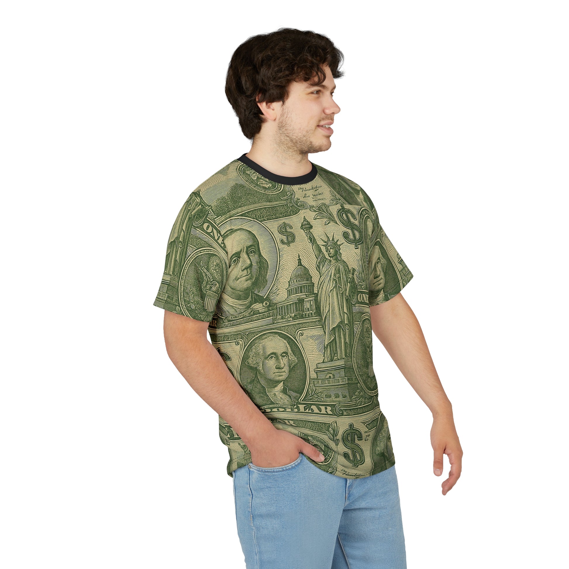 Side view of male model wearing Dollar T-Shirt, arms relaxed