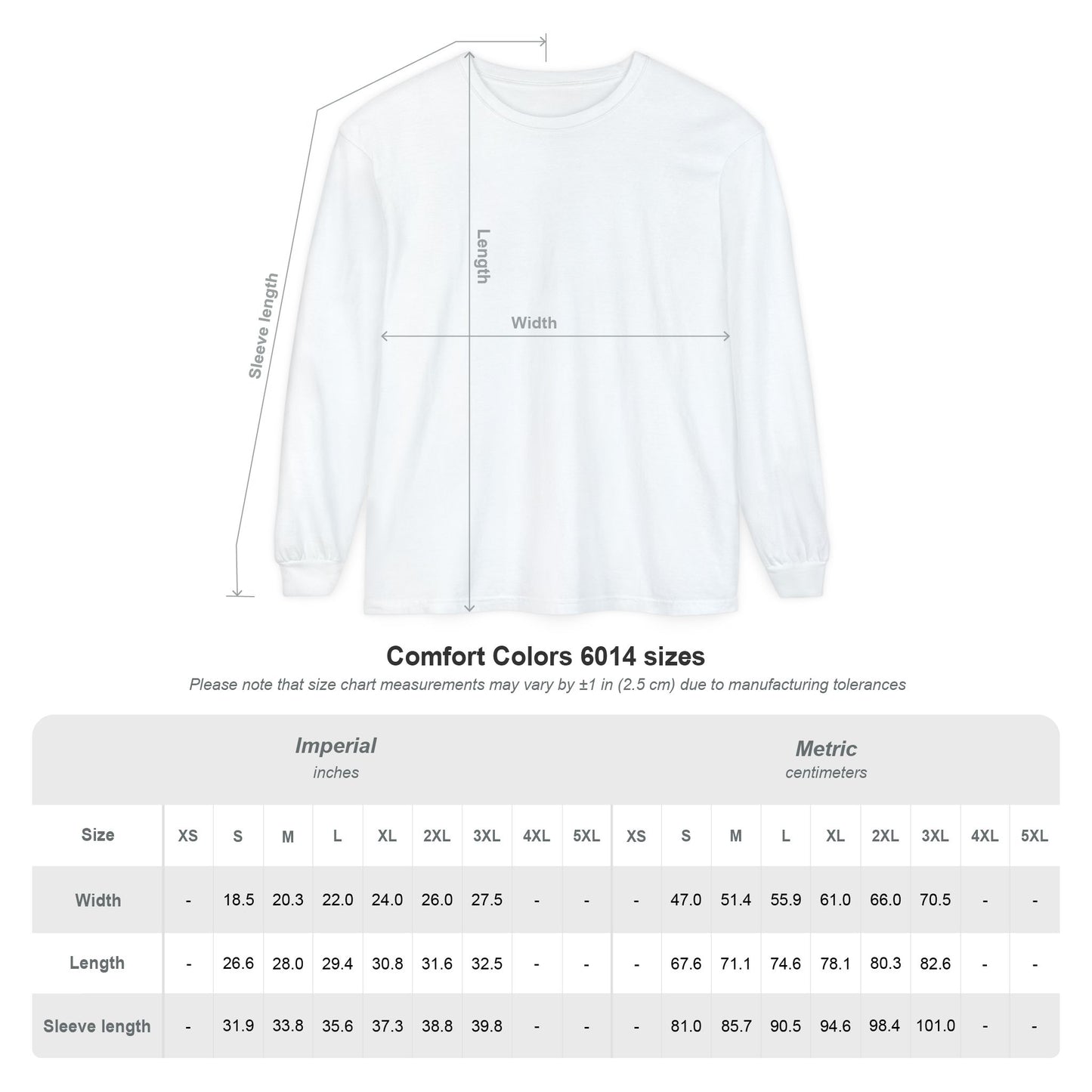 Charlie Long Sleeve T-Shirt size chart and measurement guide