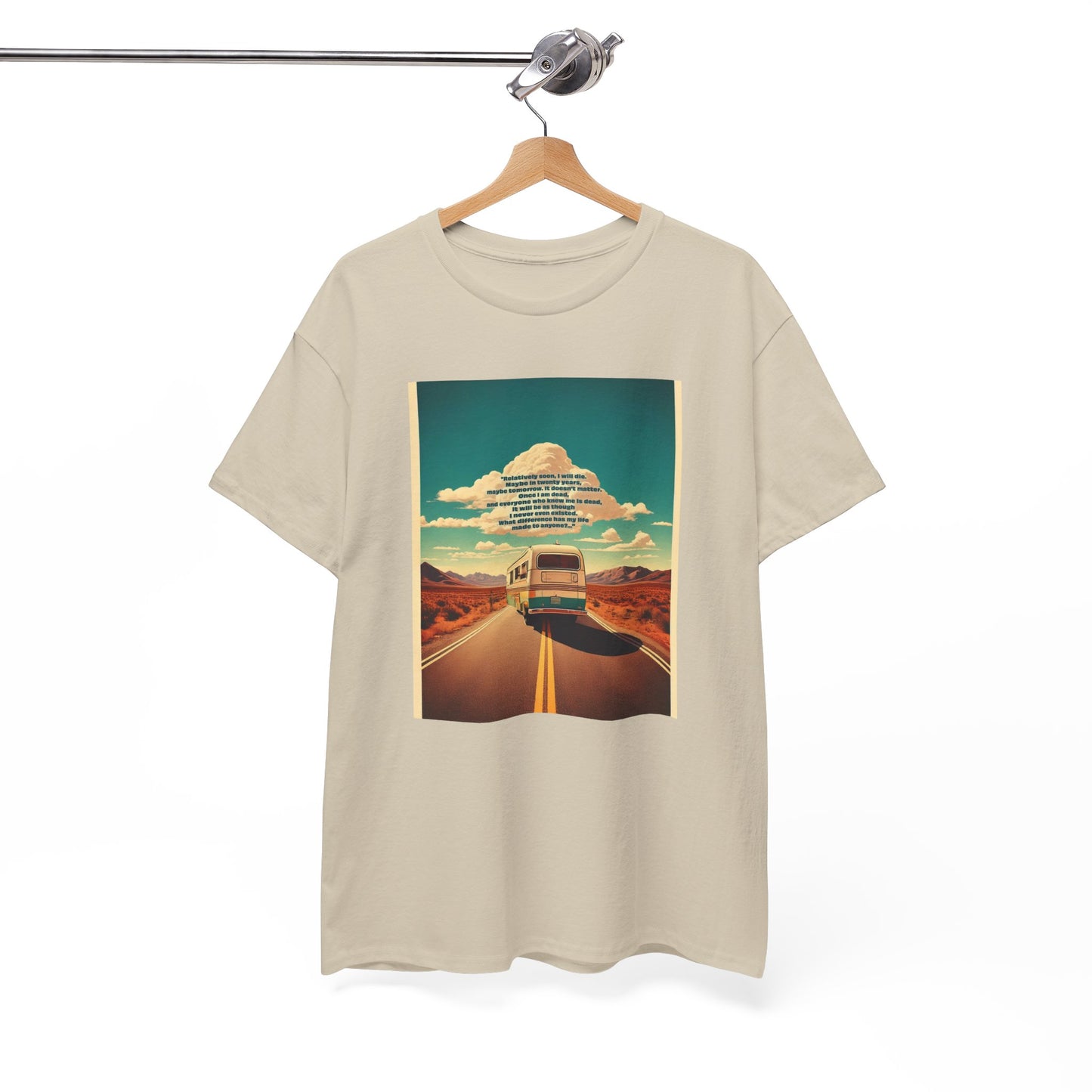About Schmidt Unisex T-Shirt featuring a vintage RV on an open highway, inspired by indie road trip films, perfect for movie lovers and travelers.