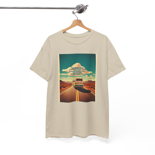 About Schmidt Unisex T-Shirt featuring a vintage RV on an open highway, inspired by indie road trip films, perfect for movie lovers and travelers.