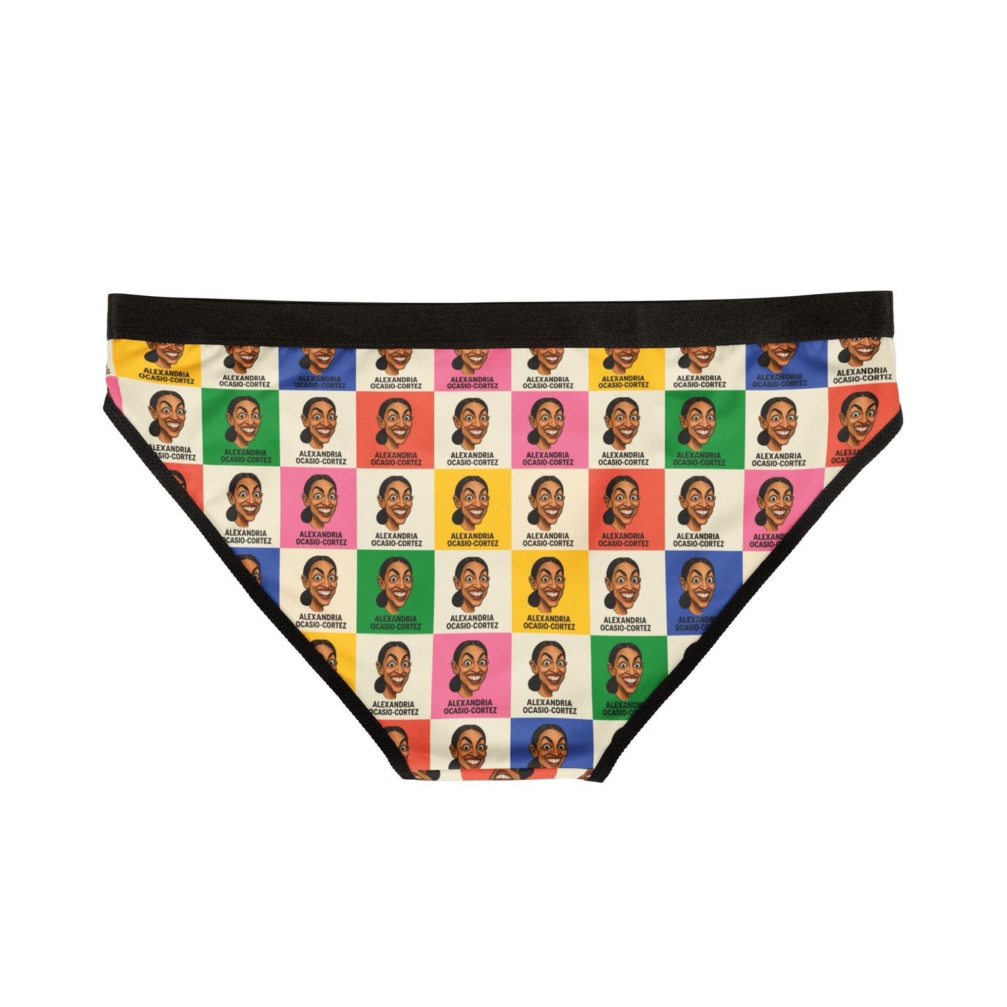 Back view of AOC pop art panties featuring grid of colorful Alexandria Ocasio-Cortez portraits and black waistband