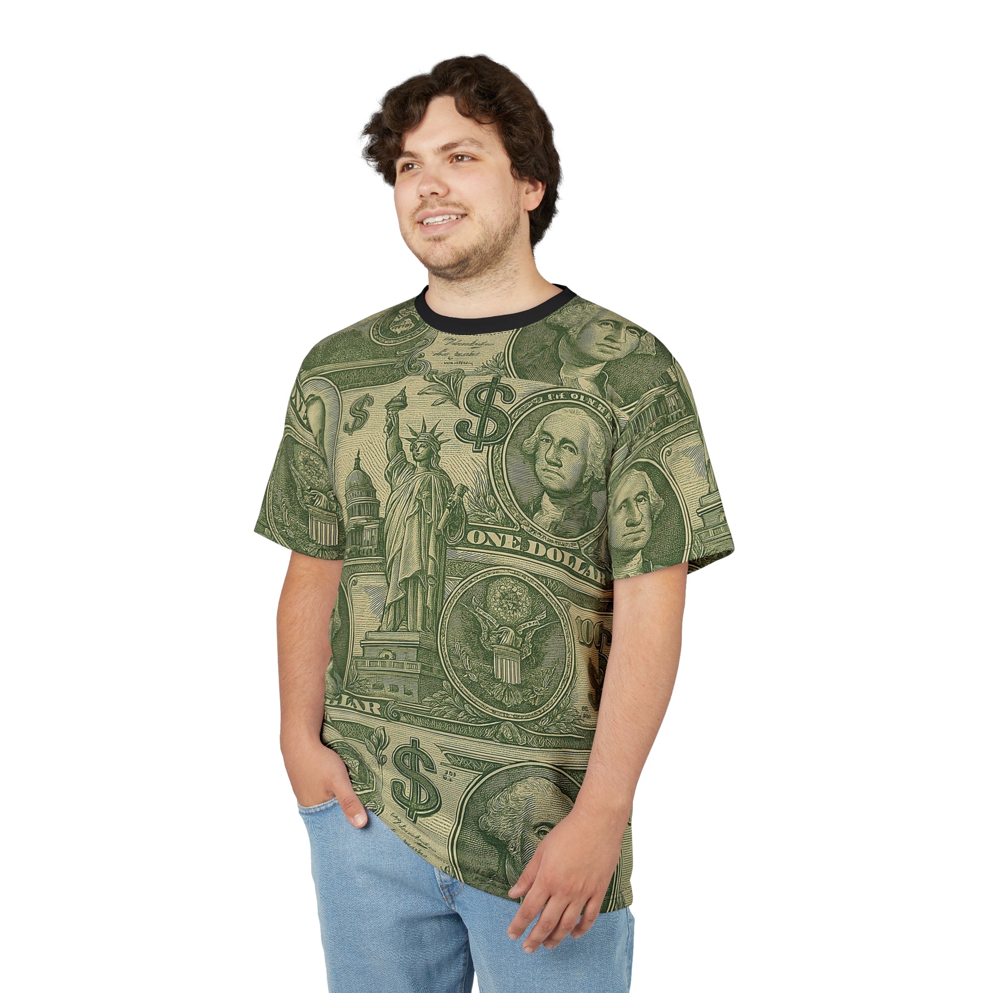 Male model wearing Dollar T-Shirt with hands in pockets, front view