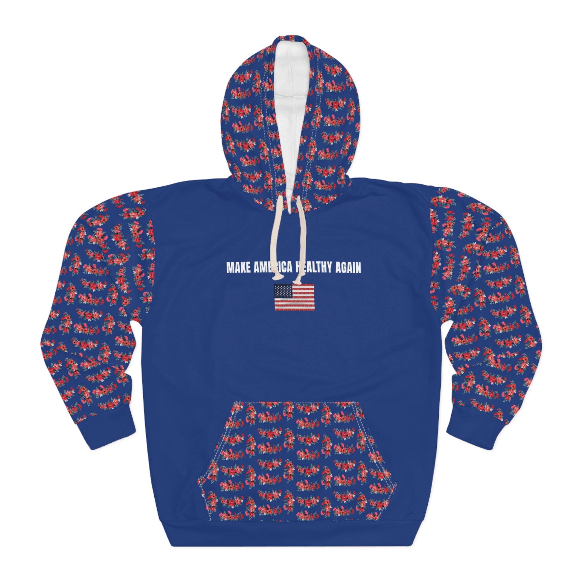 A royal blue unisex hoodie that reads "Make America Healthy Again" with an American flag graphic, featuring red floral patterned sleeves and front pocket, standing against a white background.