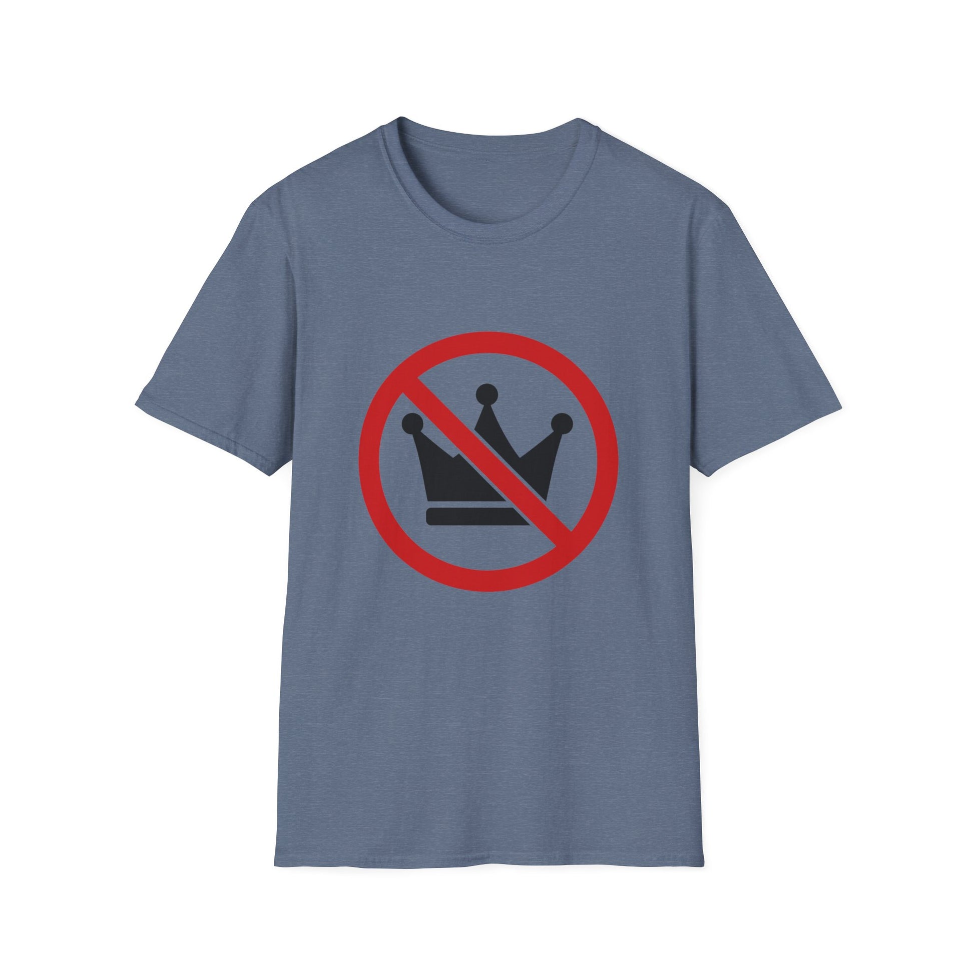 Blue t-shirt with a no-crown symbol on a white background