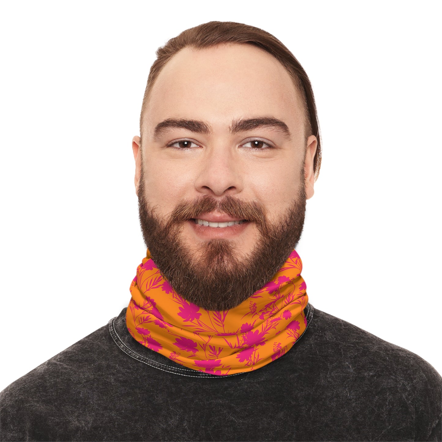Pink and Orange Floral Tube Scarf worn as neck scarf male model portrait