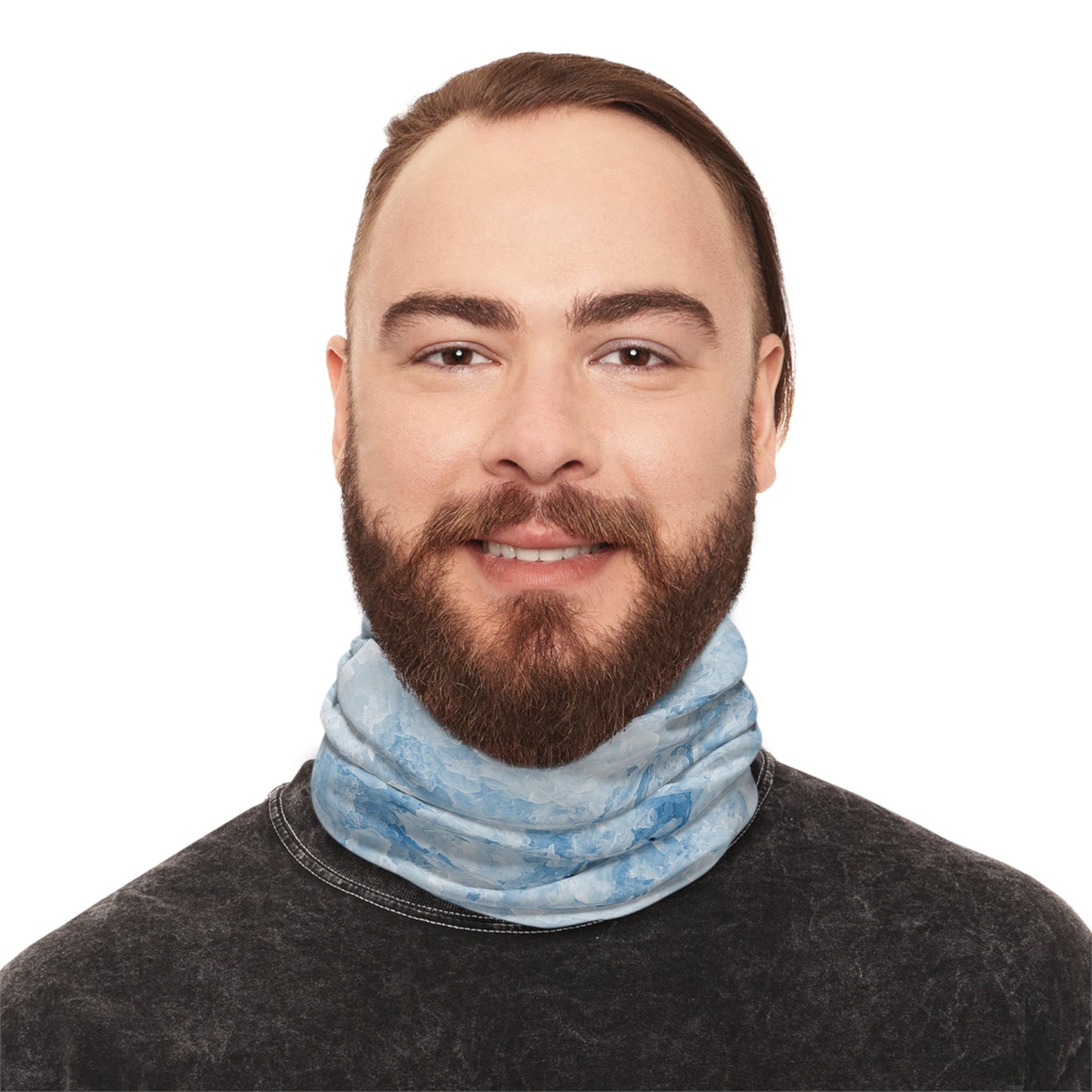 Light Blue Abstract Tube Scarf worn as neck scarf male model portrait
