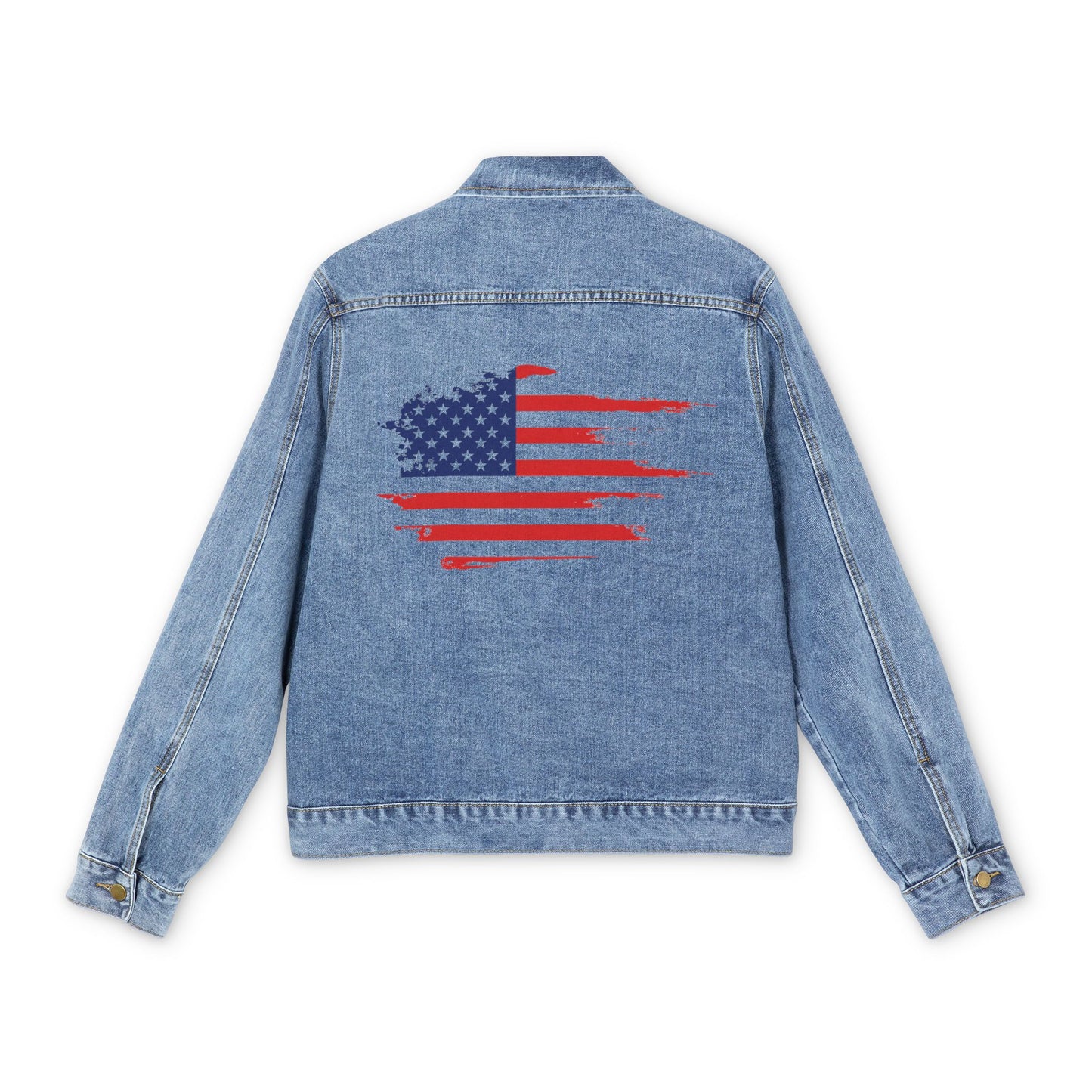Flat lay back view of Americana Men’s Denim Jacket with distressed flag patch