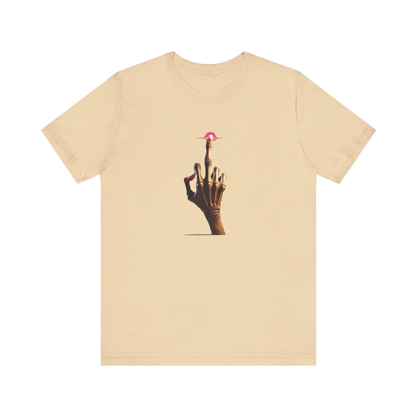 Beige E.T Unisex T-Shirt featuring minimal hand design