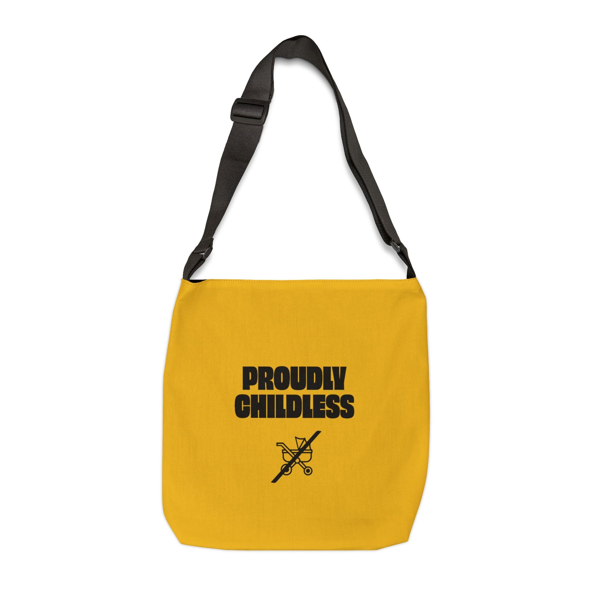 Proudly Childless Adjustable Tote Bag front view with black straps and interior pocket detail